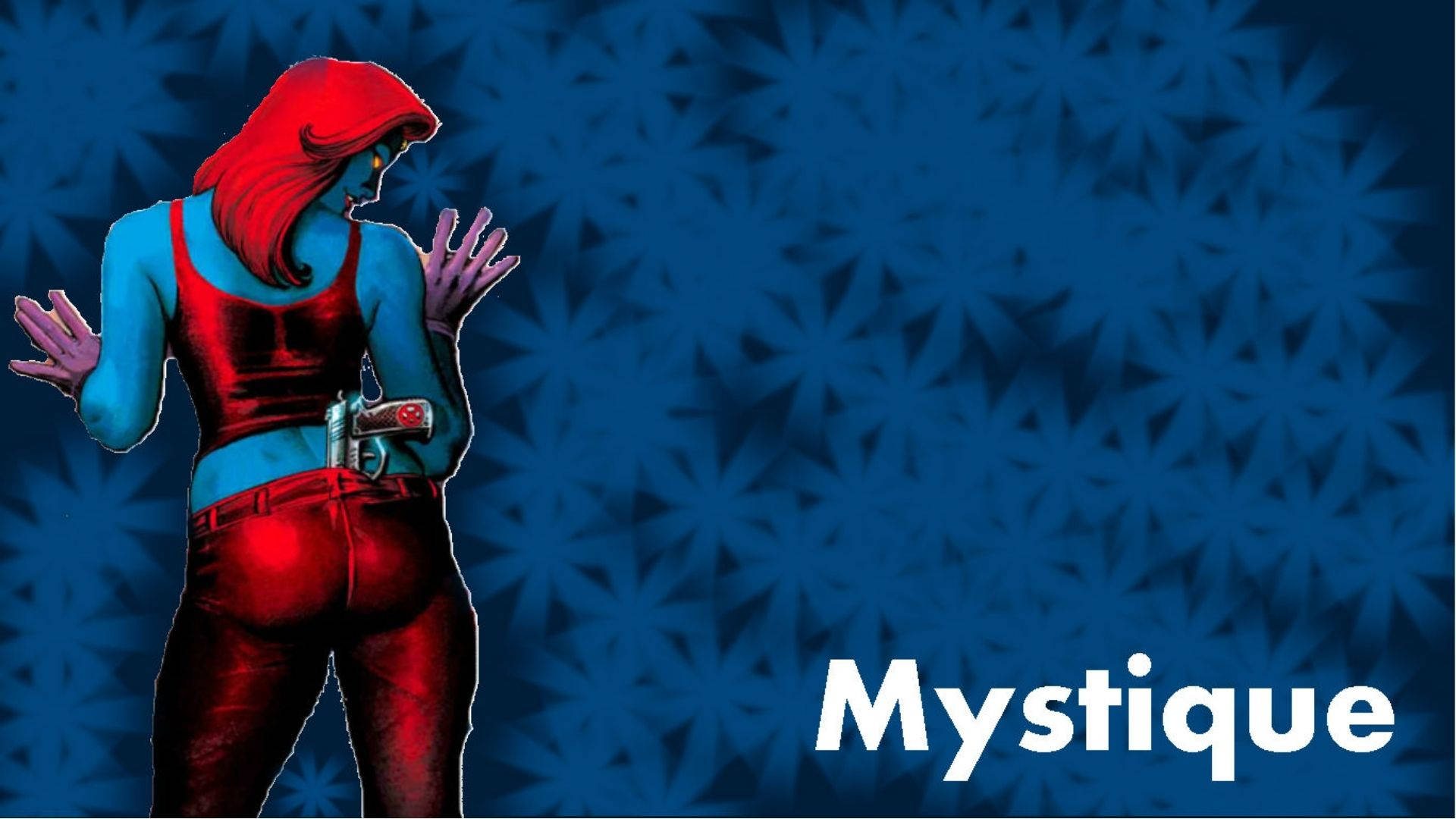 Mystique 桌布 壁紙 — 一個藍皮膚、紅頭髮、身穿紅色服裝的女人，站在星形藍色背景前，手持槍支。