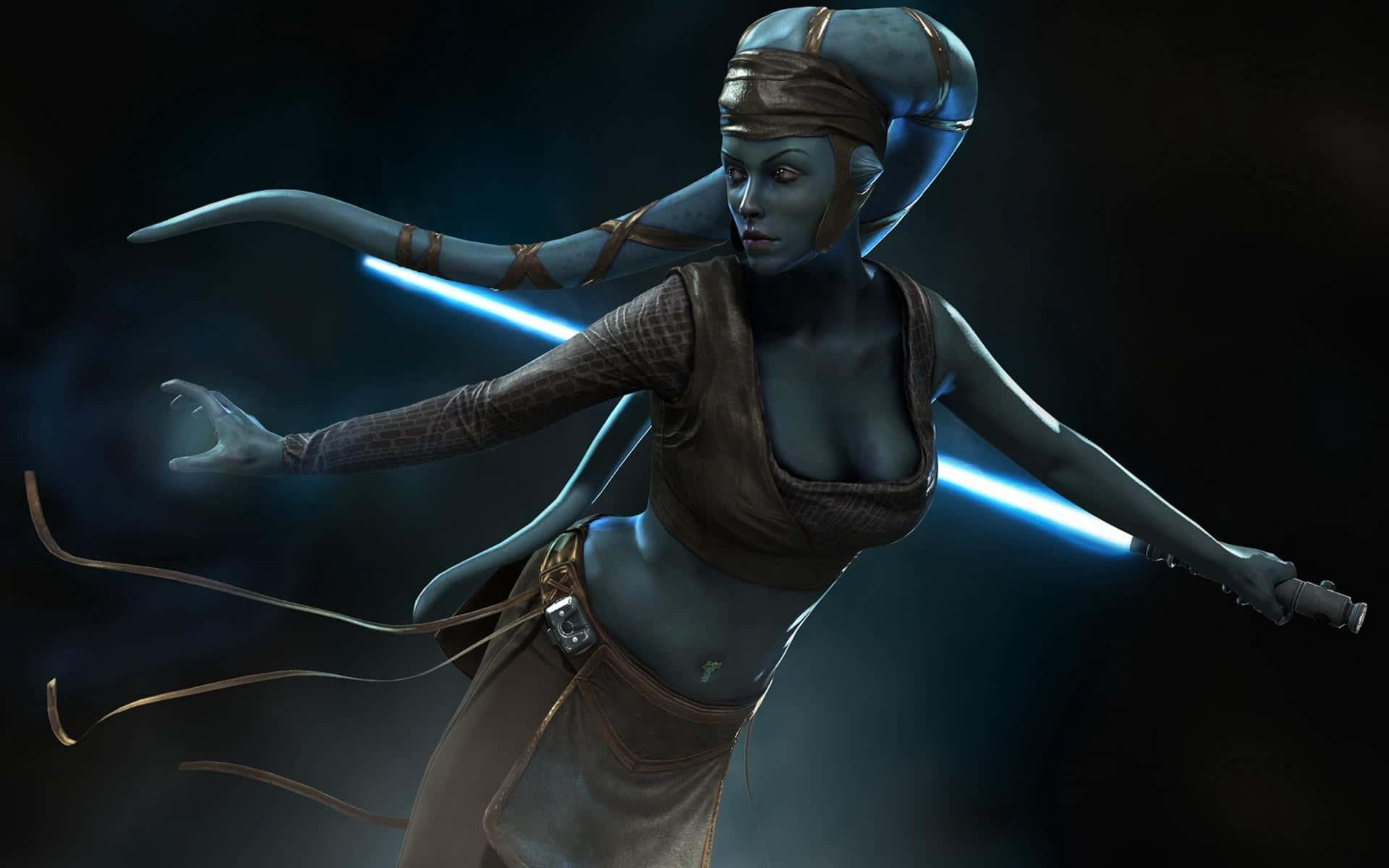 Twi'lek 桌布 壁紙 — 一個藍皮膚、長角的異形戰士，在黑暗煙霧繚繞的背景中揮舞著發光的藍色光劍。