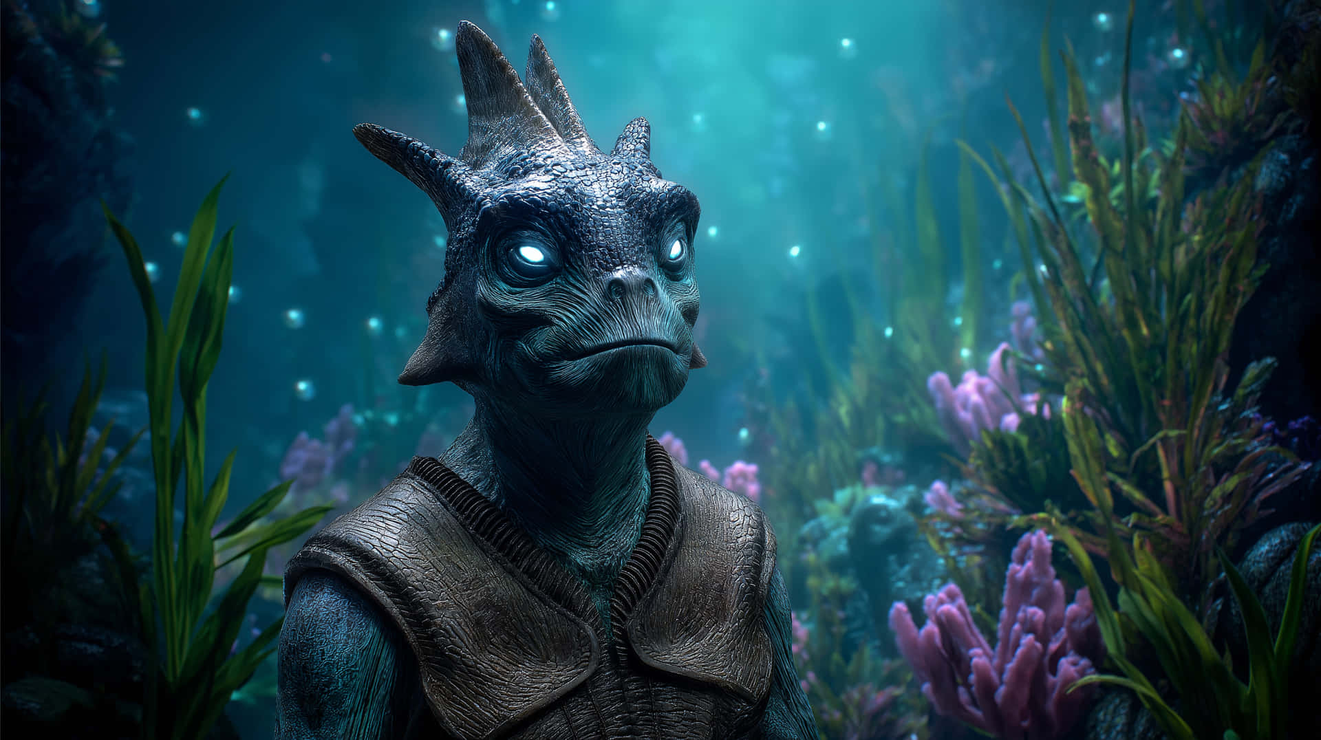 Photorealistic alien creature standing in a misty jungle 壁紙 — 一個藍皮膚外星人，眼睛發光，頭上有角，穿著背心，站在水下發光的珊瑚和海藻中。
