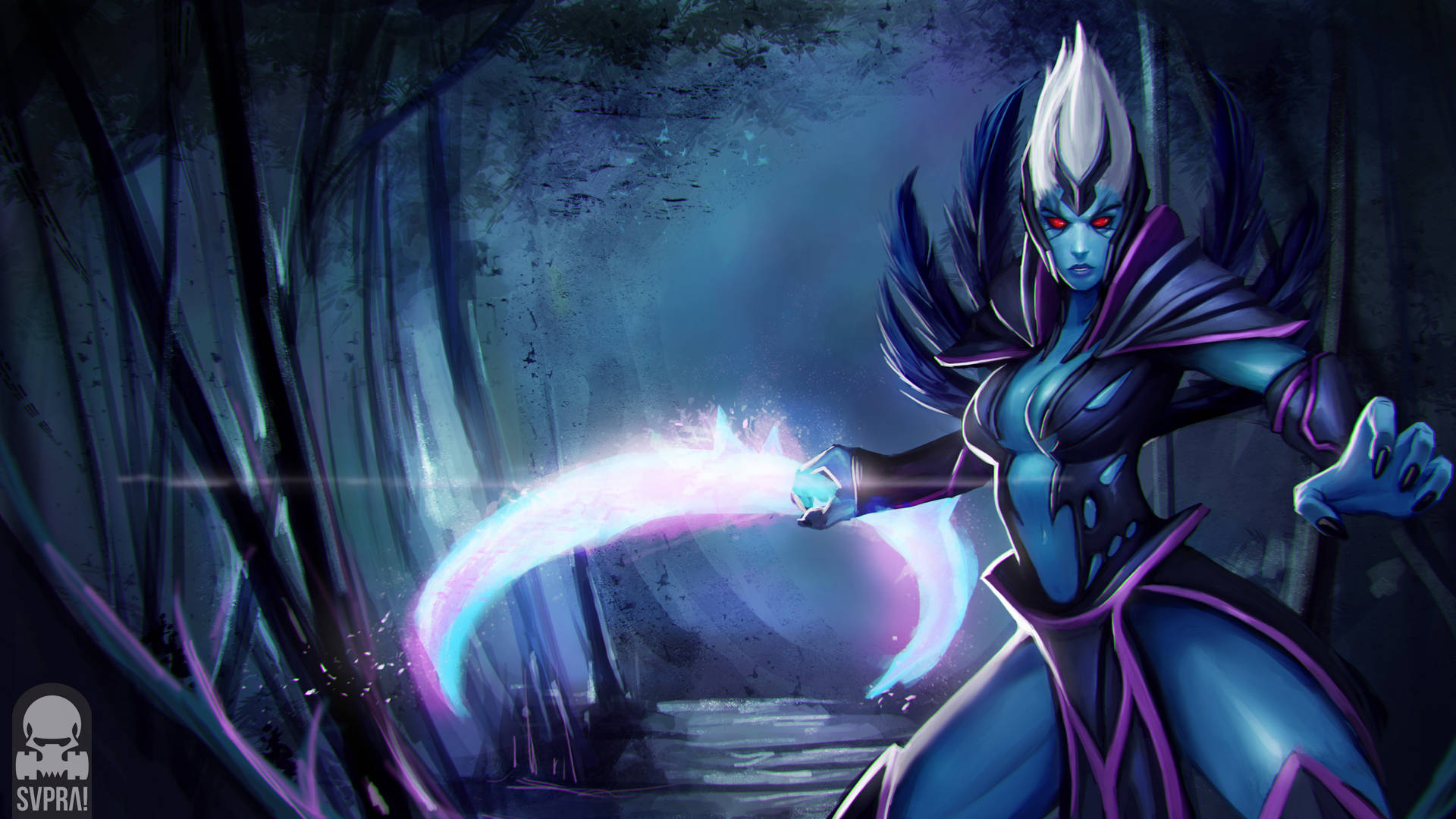 Dota 2 4K 桌布 壁紙 — 一個藍皮膚白髮的動漫戰士在黑暗森林中揮舞著發光的紫色劍。