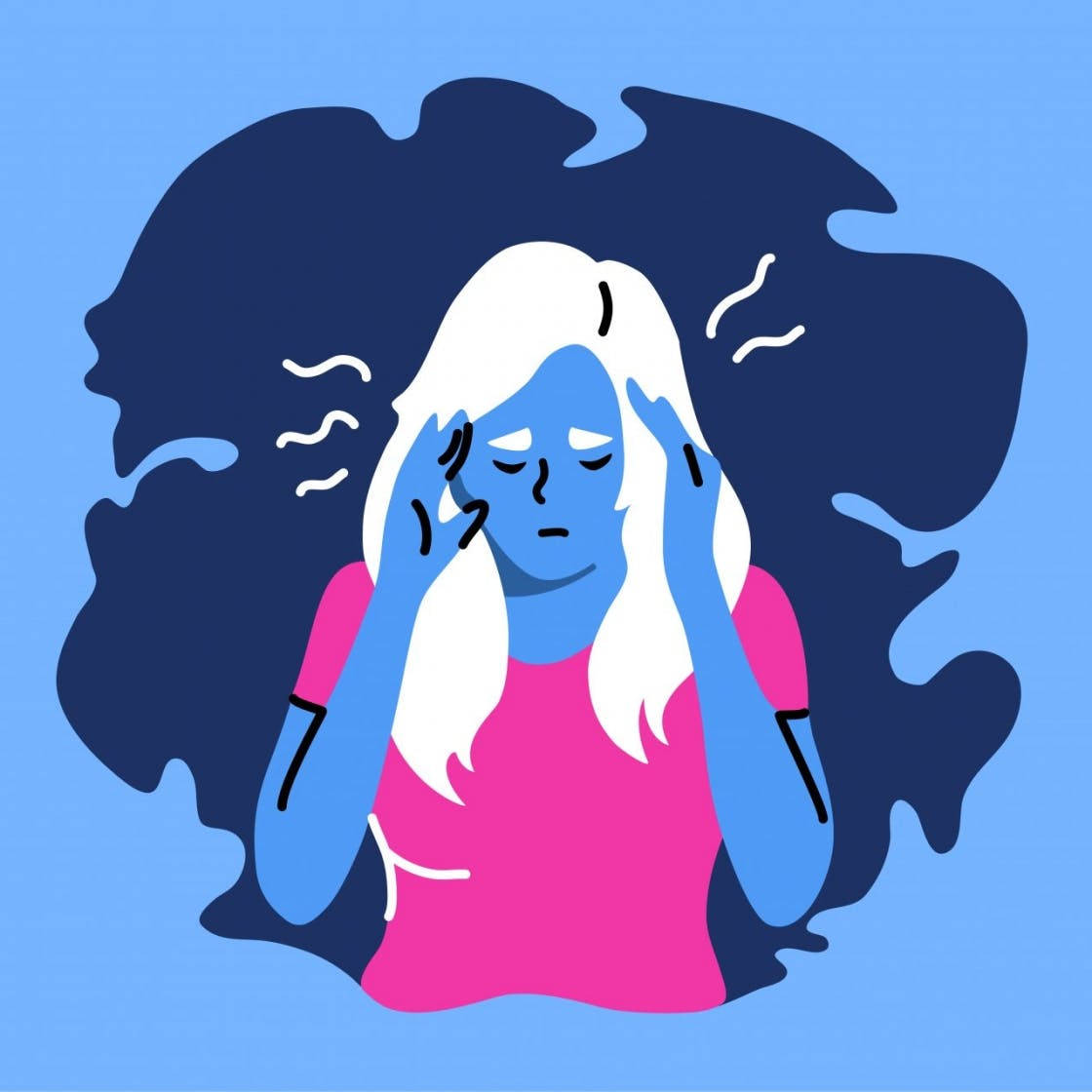 Anxiety 桌布 壁紙 — 一個藍皮膚白髮的女人在旋轉的深藍色背景上痛苦地抱著頭。