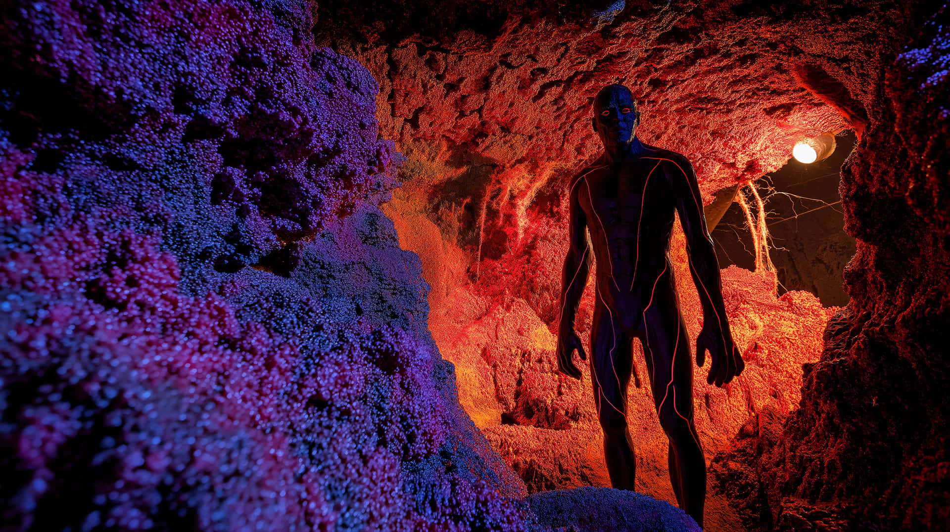A mysterious humanoid alien with elongated limbs 壁紙 — 一個藍皮膚的人形生物站在一個被鮮豔紫色和橙色燈光分割的洞穴中，露出有紋理的岩層。