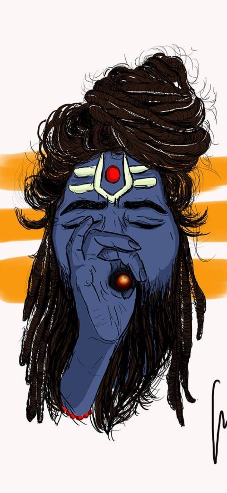 瑪哈卡爾壁紙 桌布 壁紙 — 一個藍皮膚的人物，擁有狂野的深色頭髮和一隻發光的紅色眼睛，在橙色和白色條紋的背景前將手放在臉上。