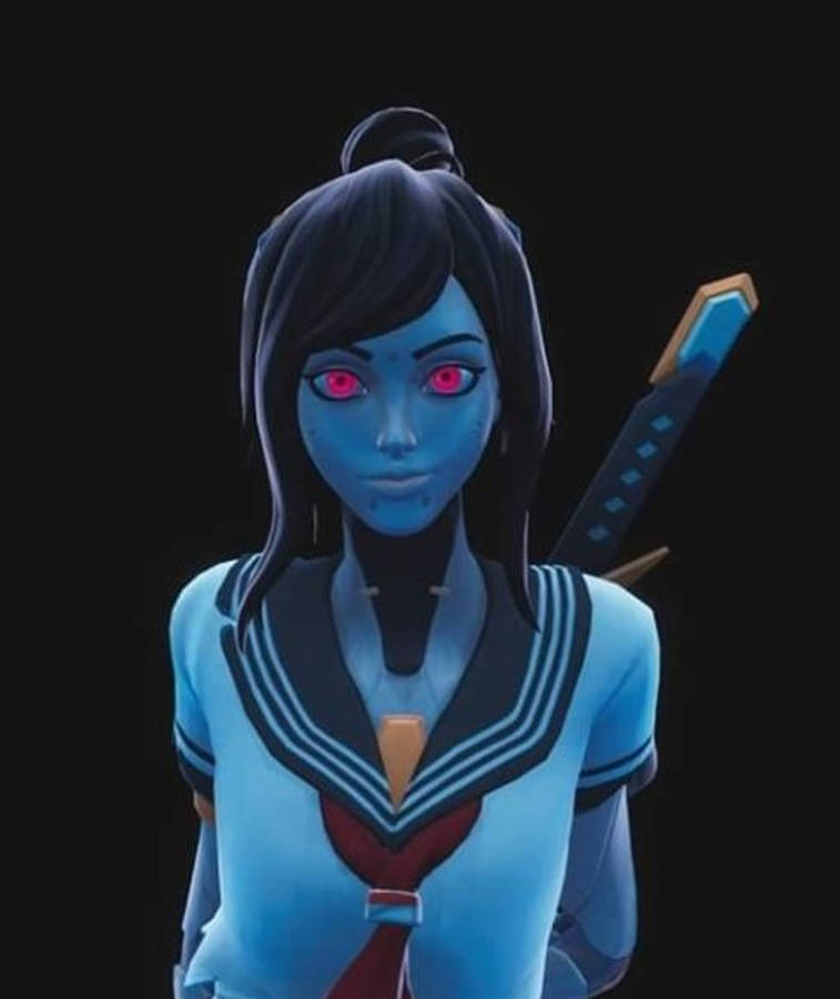 tsuki fortnite 桌布 壁紙 — 一個藍皮膚的動漫女孩，發光的紅眼睛和一把武士刀，穿著校服站在黑色背景前。