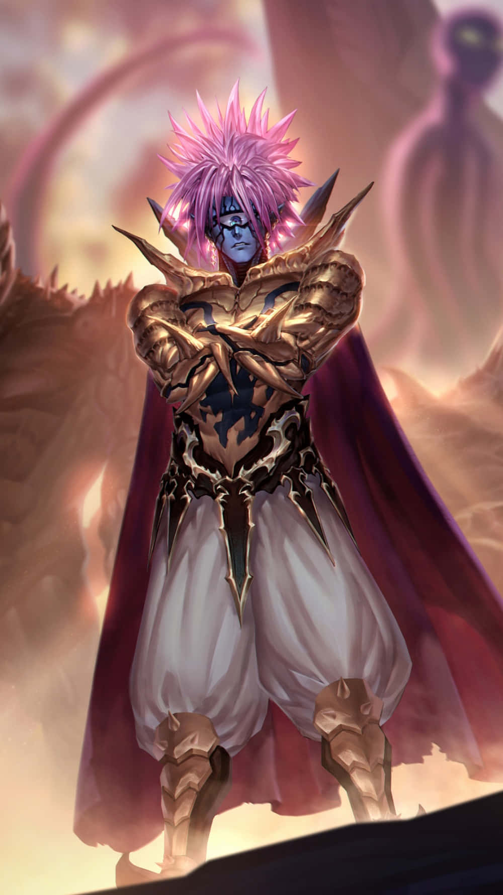 Lord Boros 桌布 壁紙 — 一個藍皮膚的動漫戰士，有著尖刺的粉紅色頭髮，穿著華麗的金色盔甲和飄逸的紅色斗篷，站在發光的神秘背景前，顯得挑釁。