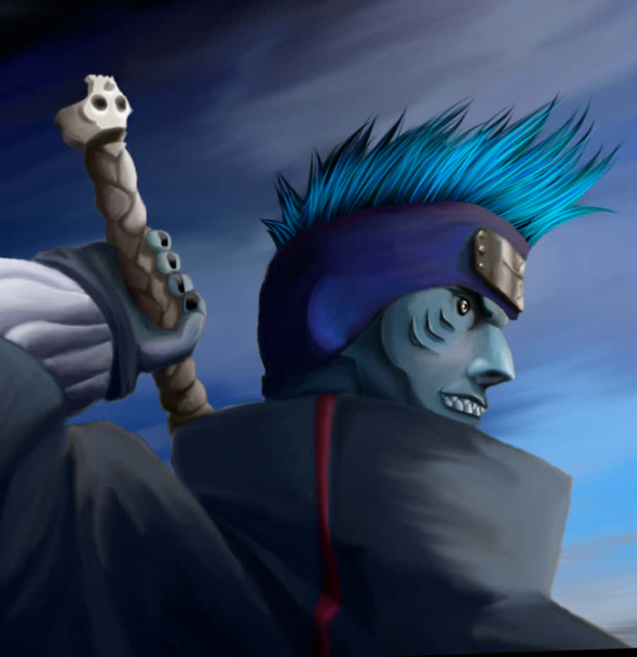 Kisame 桌布 壁紙 — 一個藍皮膚的動漫戰士，有著尖刺的藍色頭髮和頂端帶有骷髏的武器，在暴風雨的天空下兇狠地凝視。