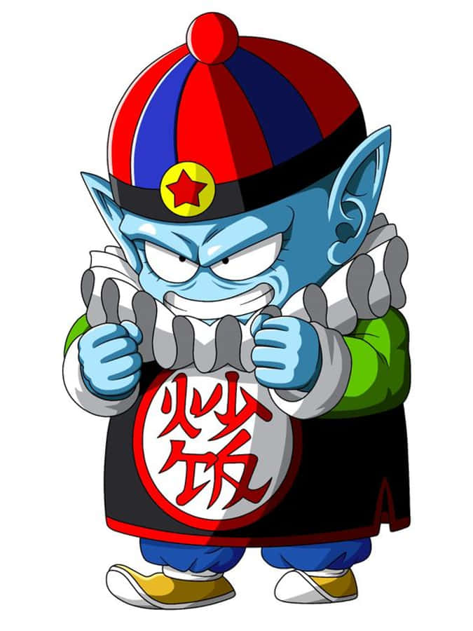 Emperor Pilaf 桌布 壁紙 — 一個藍皮膚的動漫角色，尖耳朵，戴著紅藍條紋帽子和黑色圍裙，圍裙上有紅色中文字，豎起大拇指。