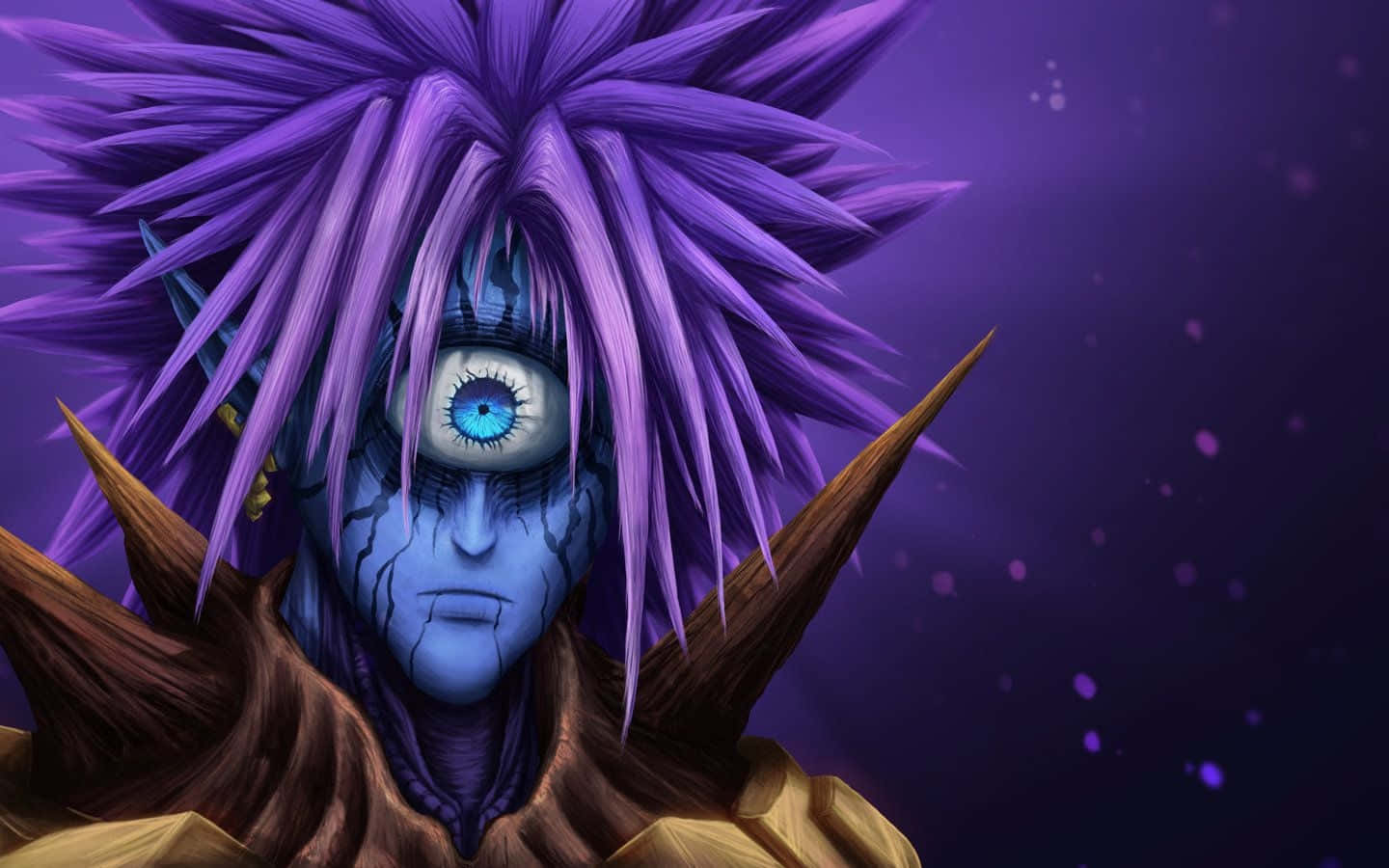 Lord Boros 桌布 壁紙 — 一個藍皮膚的動漫角色，有著尖刺的紫色頭髮和一隻發光的藍色眼睛，在繁星點點的紫色背景下強烈凝視。