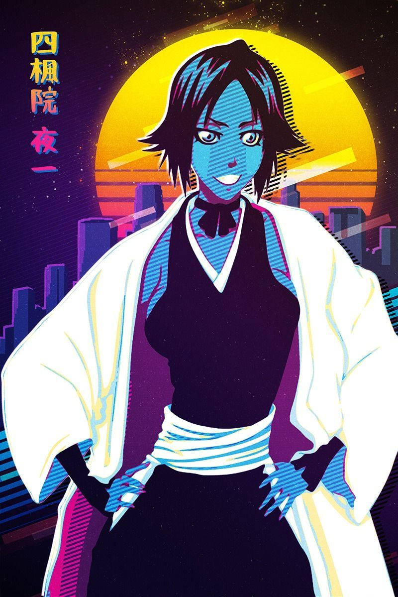 Yoruichi 桌布 壁紙 — 一個藍皮膚的動漫角色穿著白色長袍，自信地站在風格化城市景觀上充滿活力的霓虹日落前。