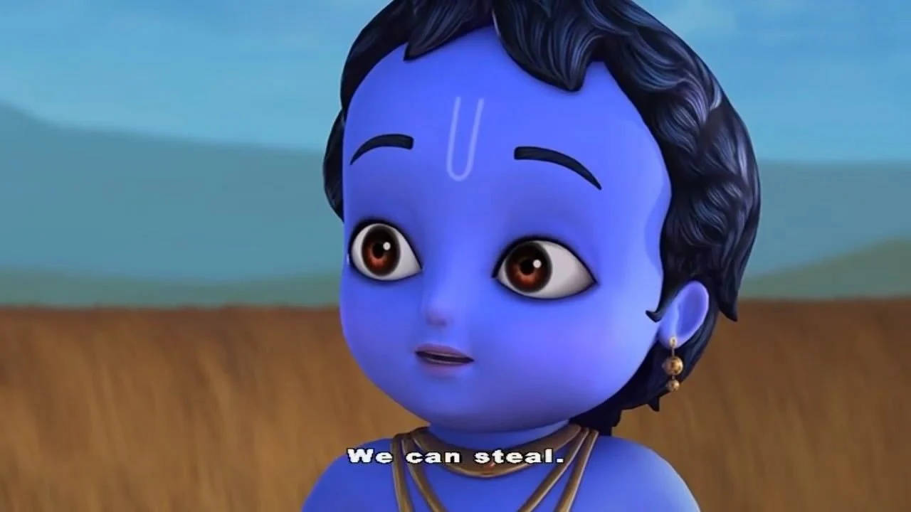 cute krishna 桌布 壁紙 — 一個藍皮膚的動畫小孩，帶有白色蒂拉克和棕色眼睛，在模糊的田野和天空背景下向前看。
