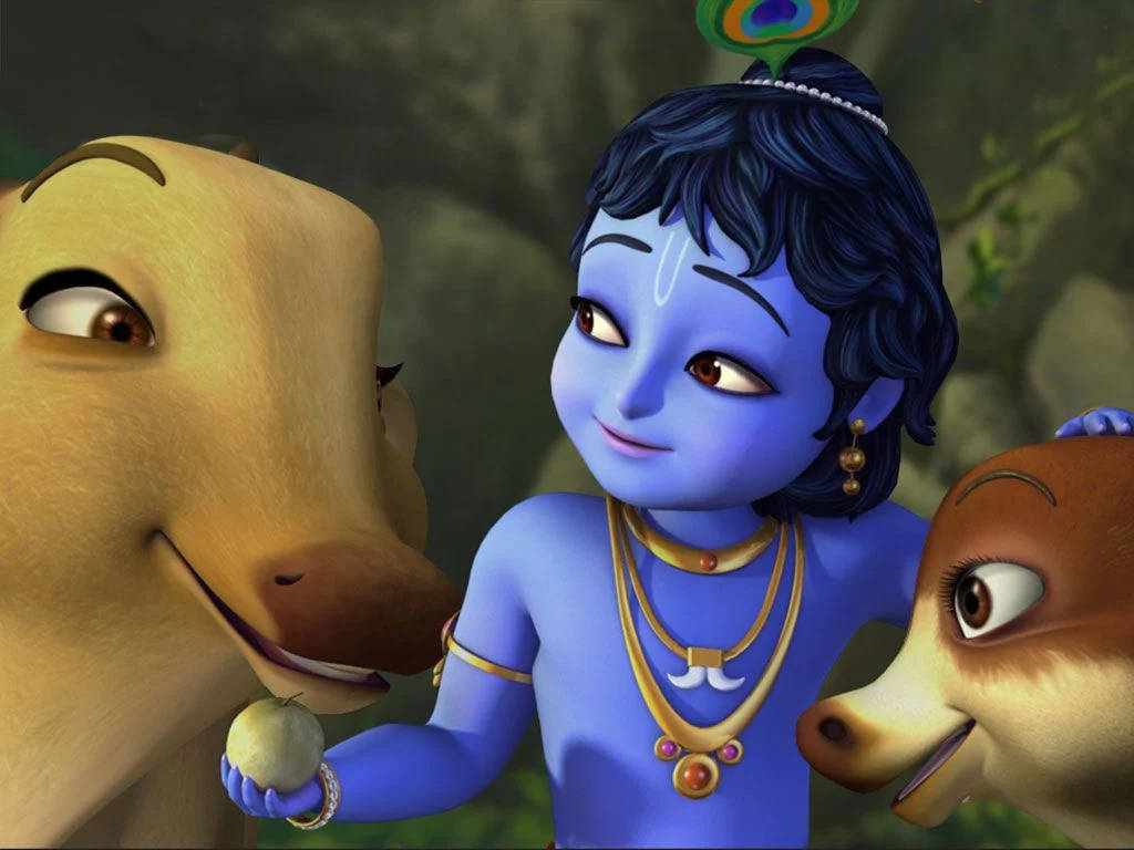 cute krishna 桌布 壁紙 — 一個藍皮膚的動畫小孩戴著孔雀羽毛髮夾，在茂密的森林中與兩隻微笑的鹿分享水果。