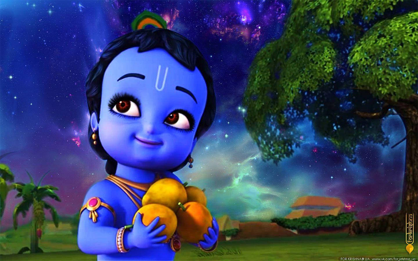 krishna bhagwan 桌布 壁紙 — 一個藍皮膚的動畫小孩戴著孔雀羽毛皇冠，在繁星點點的宇宙天空下，拿著芒果，旁邊有一棵茂盛的樹。