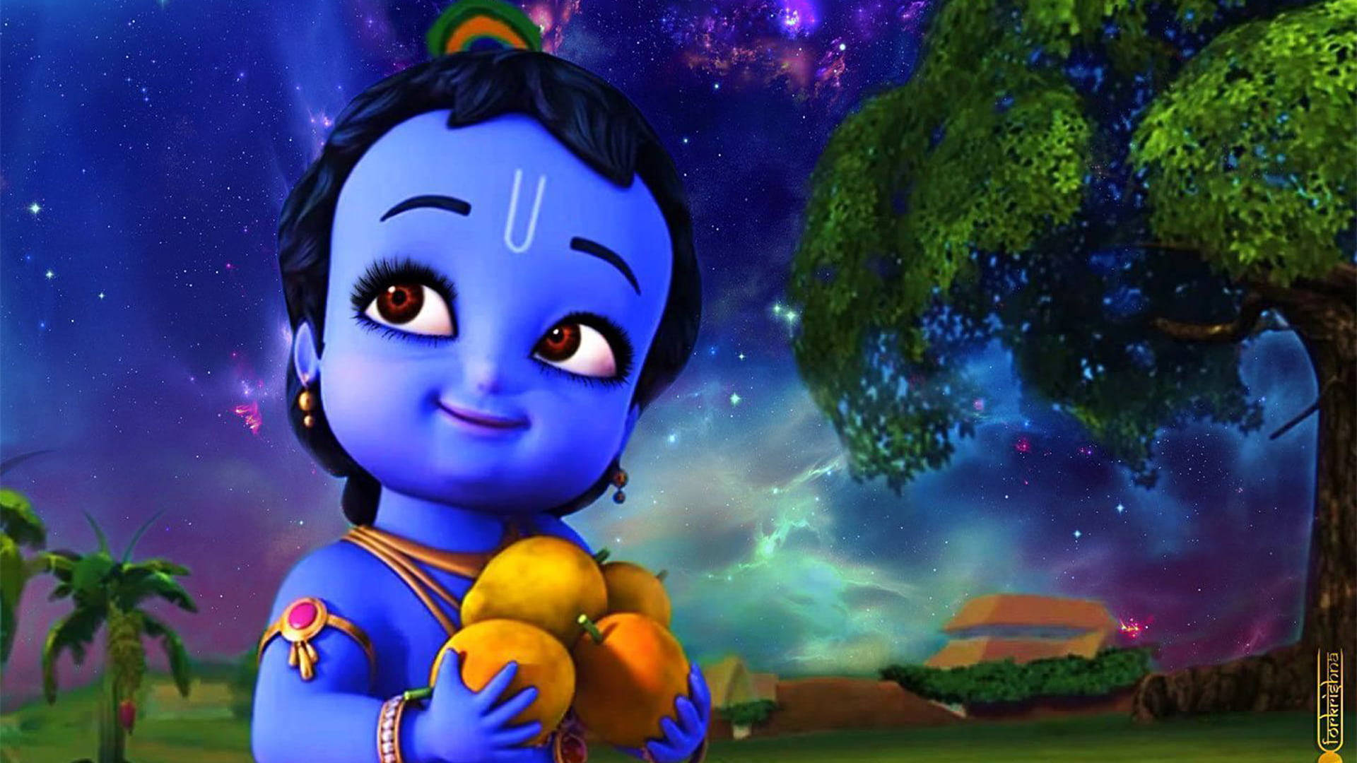 animated krishna 桌布 壁紙 — 一個藍皮膚的動畫小孩戴著孔雀羽毛皇冠，在繁星點點的宇宙天空下，旁邊有一棵茂盛的樹，手持芒果。
