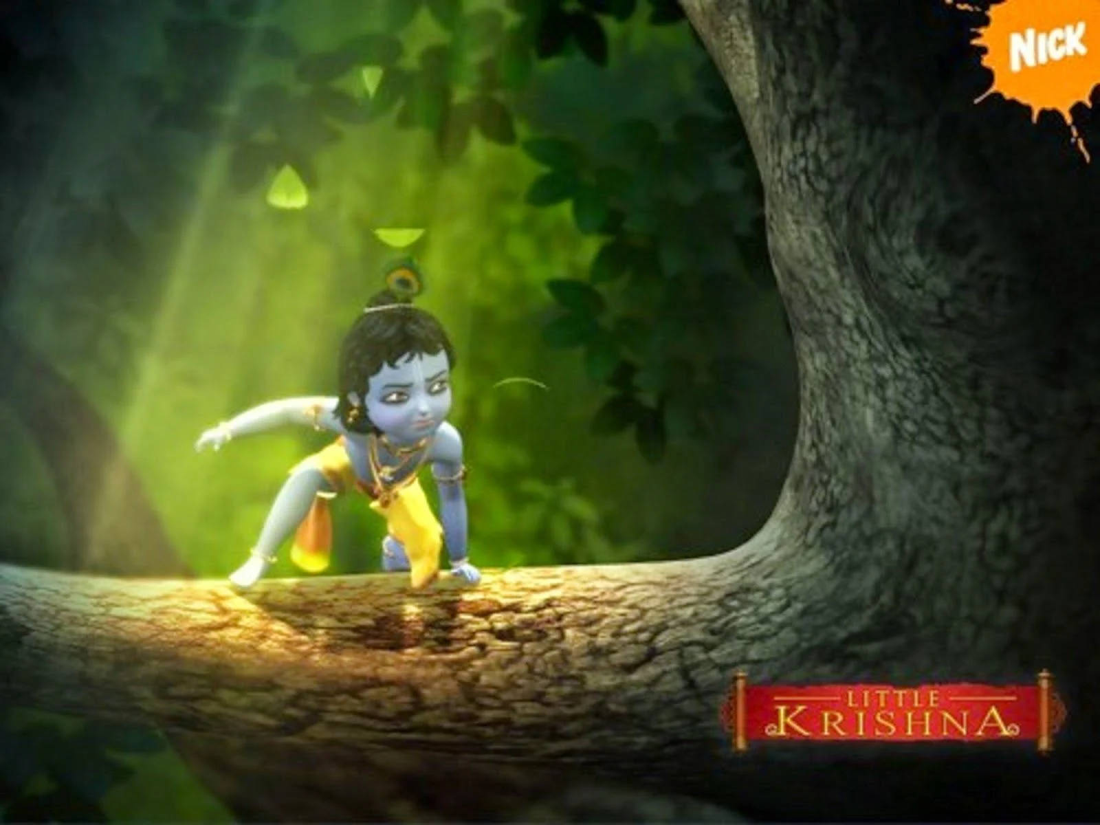 cute krishna 桌布 壁紙 — 一個藍皮膚的動畫小孩穿著黃色多蒂蹲在陽光明媚的茂密綠色森林樹枝上。
