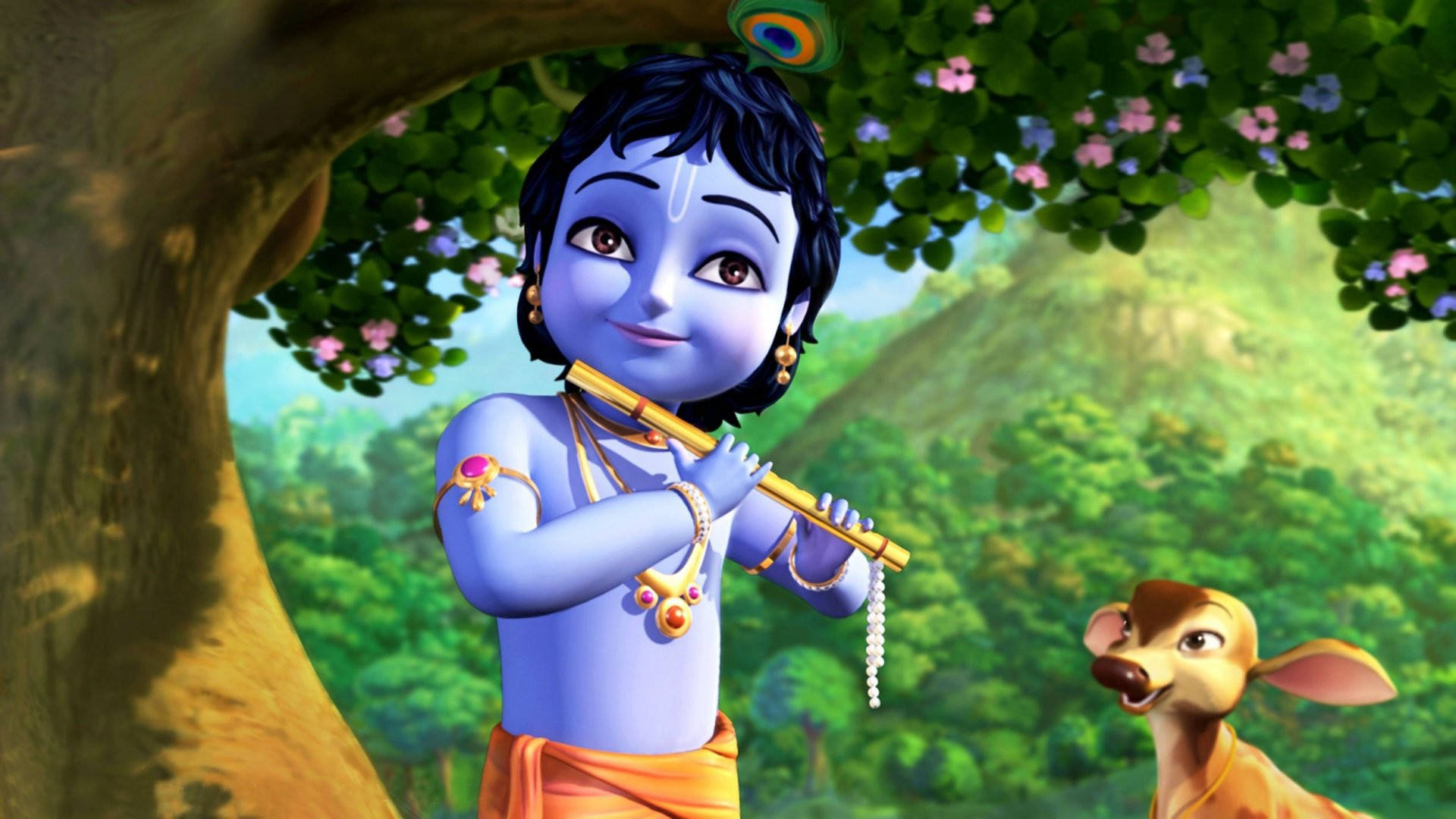 cute krishna 桌布 壁紙 — 一個藍皮膚的動畫男孩在樹下吹笛子，一隻鹿在他旁邊觀看，周圍是茂密的綠色森林。