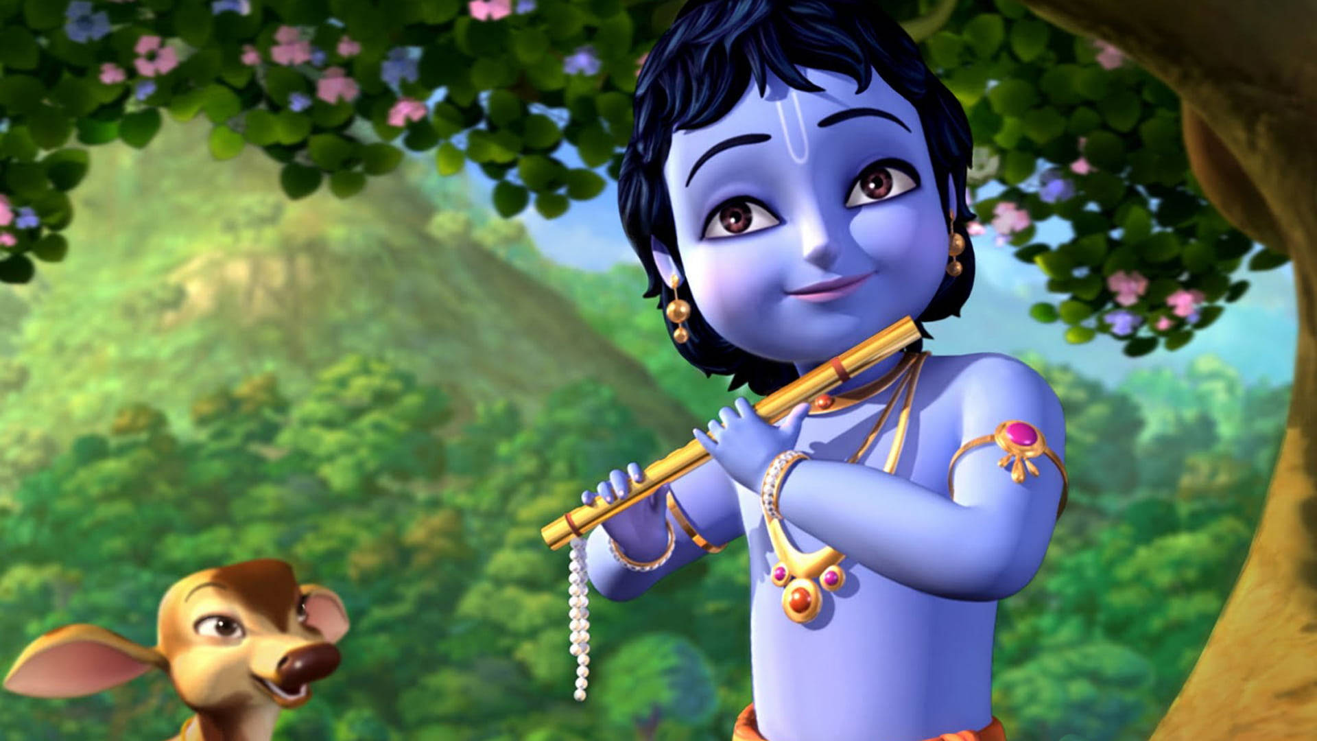 krishna 3d 桌布 壁紙 — 一個藍皮膚的動畫男孩在盛開的樹下吹奏長笛，一隻鹿好奇地看著。