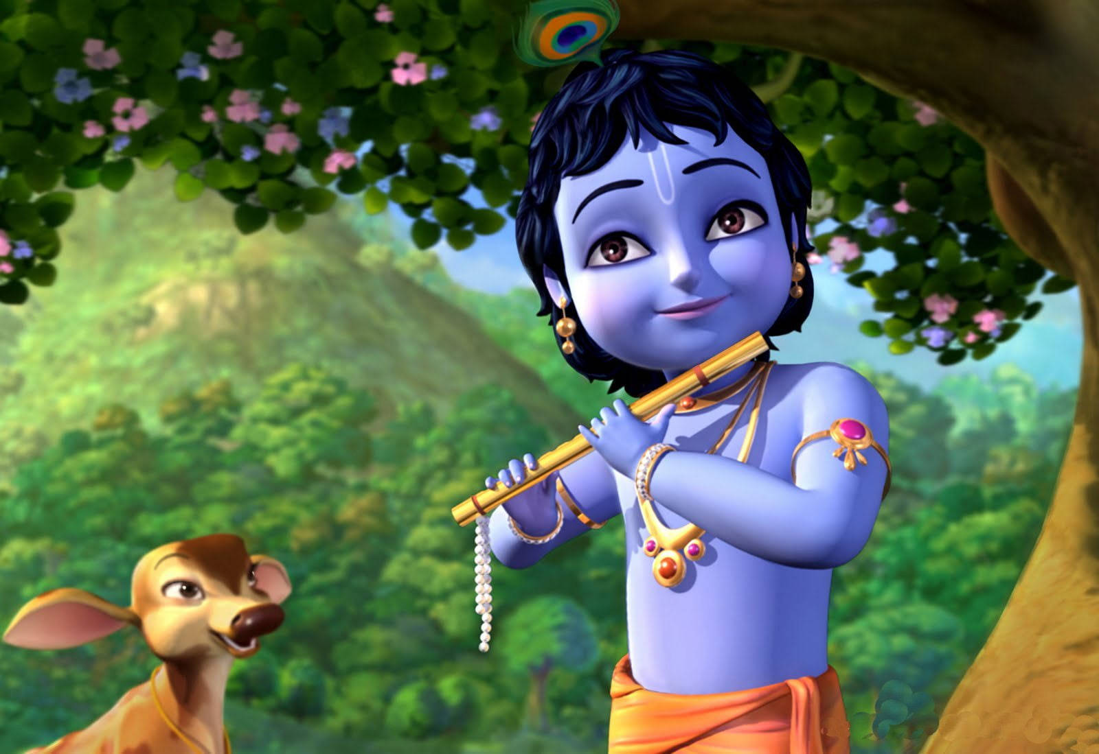 Shri Krishna 桌布 壁紙 — 一個藍皮膚的動畫男孩戴著孔雀羽毛王冠，在開花的樹下吹笛子，一隻鹿在附近觀看。
