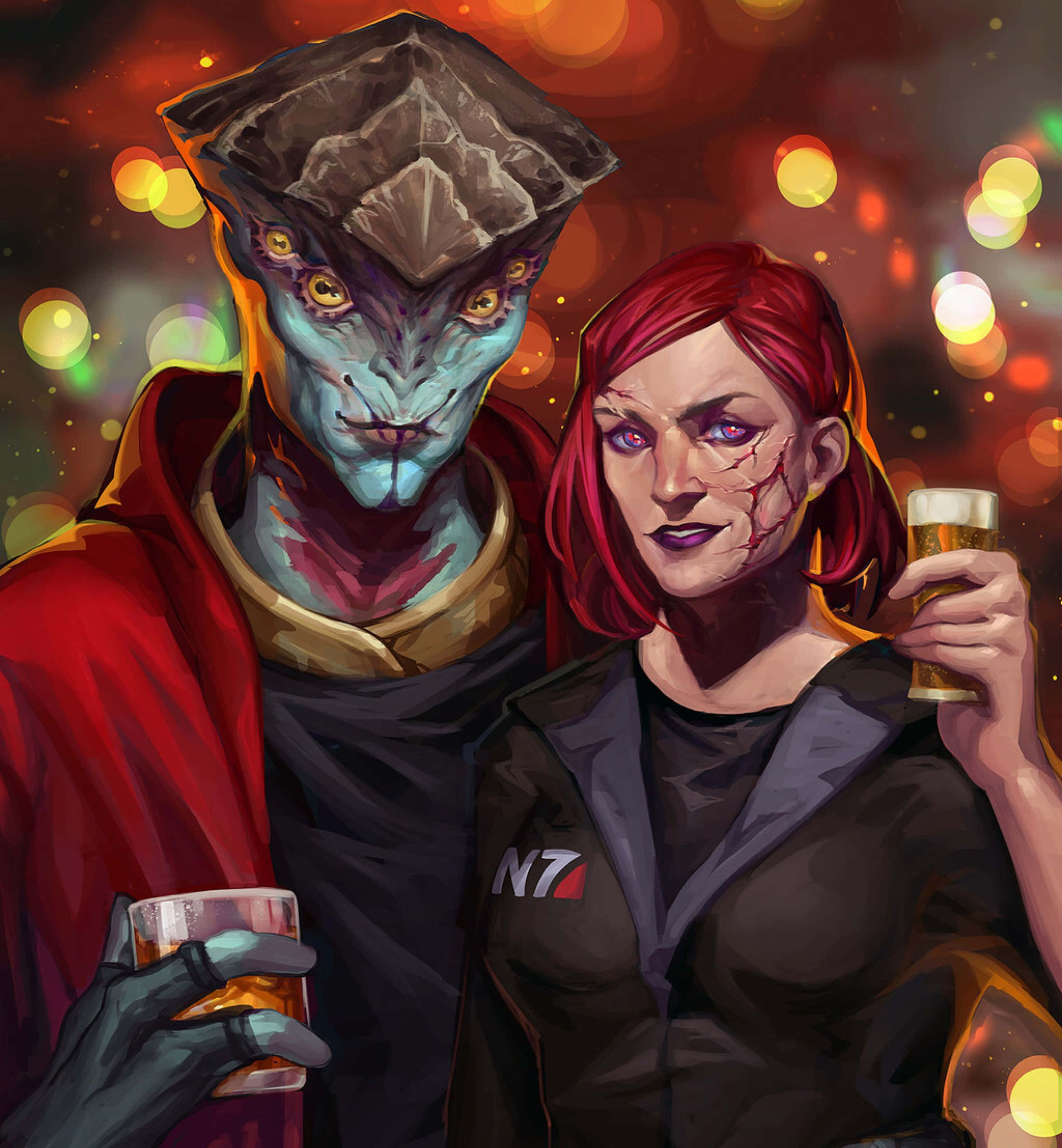 Mass Effect Javik 桌布 壁紙 — 一個藍皮膚的外星人和一個紅髮的人類穿著N7裝備，在溫暖的散景燈光下，在充滿活力的夜生活場景中分享飲料。