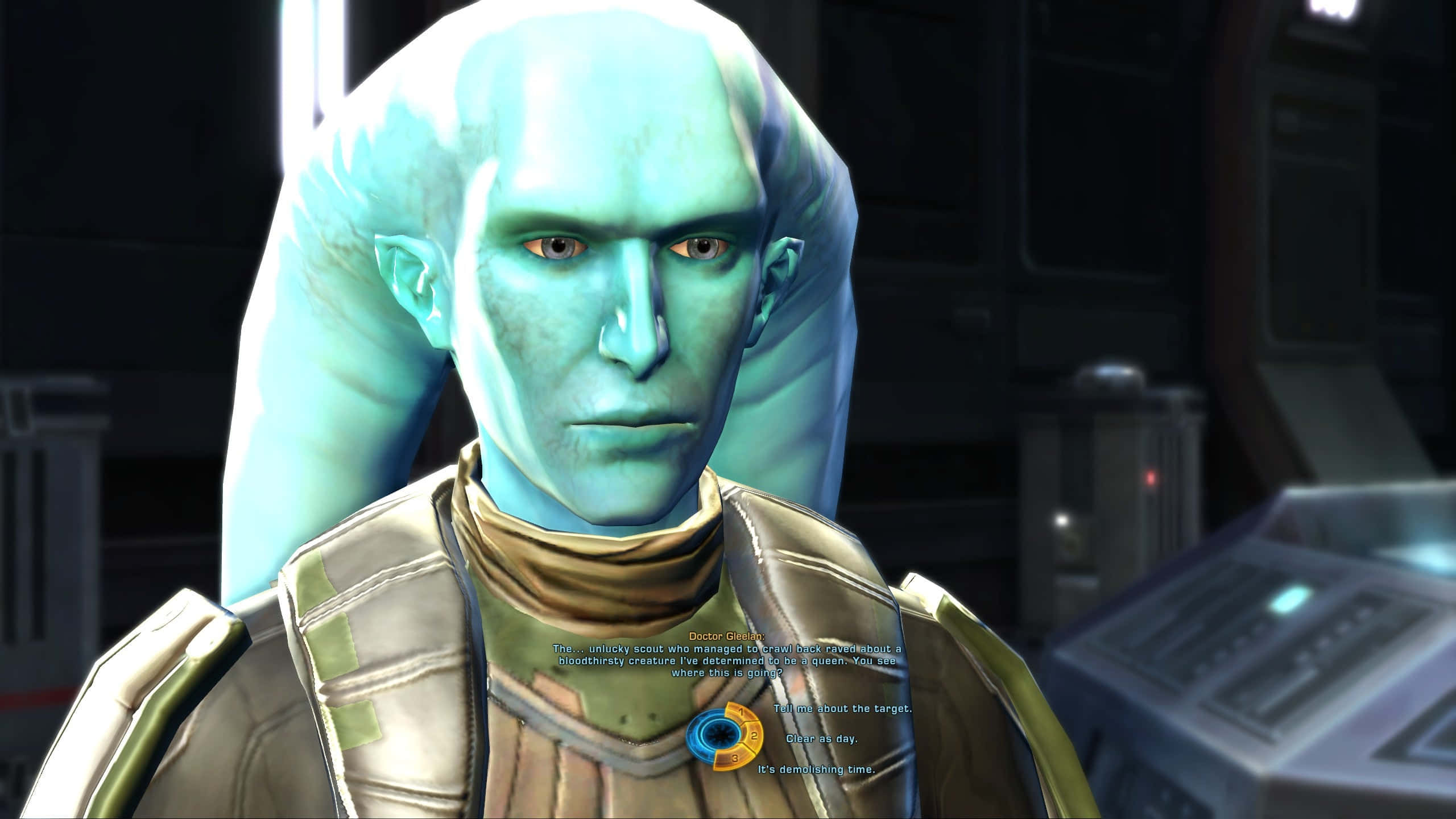 Twi'lek 桌布 壁紙 — 一個藍皮膚的外星人戴著一個大型連帽頭飾，在昏暗的未來主義駕駛艙中專注地凝視。
