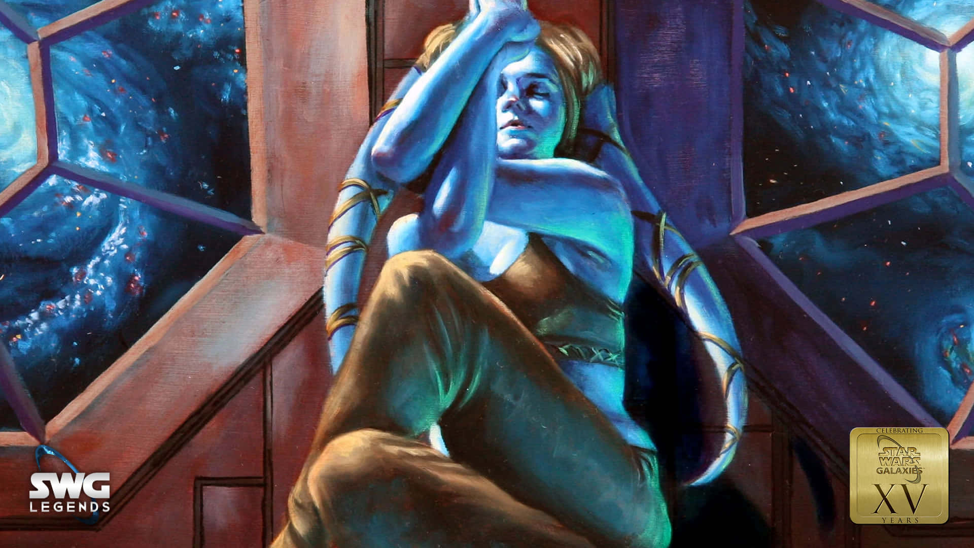 Twi'lek 桌布 壁紙 — 一個藍皮膚的外星女人蜷縮在木椅上，雙臂環抱頭部，透過幾何窗戶可以看到星光燦爛的太空景色。