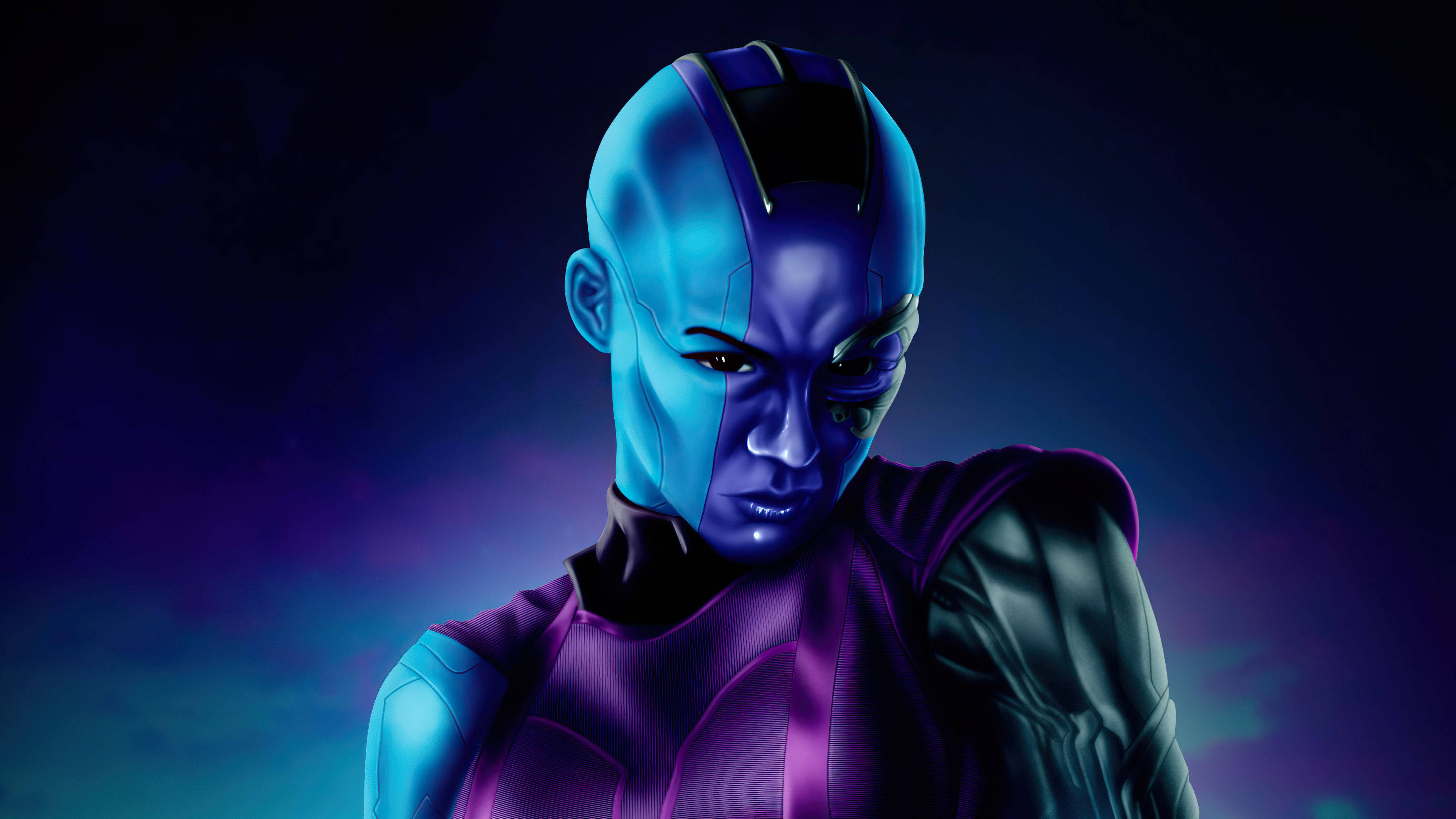 4K Guardians Of The Galaxy 桌布 壁紙 — 一個藍皮膚的外星戰士，眼睛發光，在深紫色和藍綠色的星雲背景下強烈凝視。