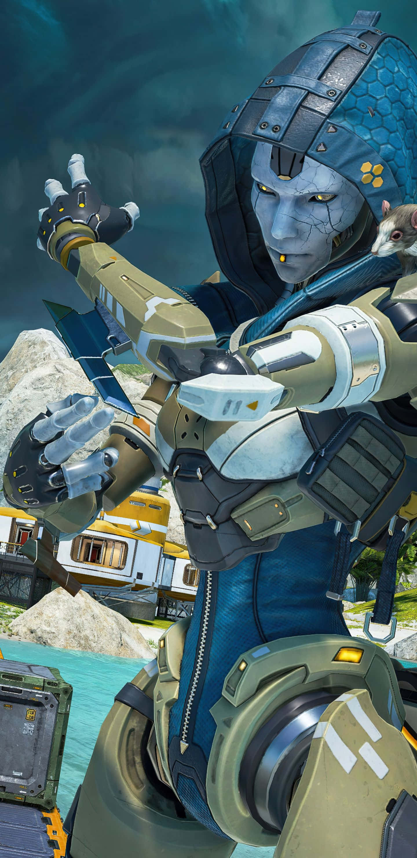 Pixel 3xl Apex Legends 桌布 壁紙 — 一個藍皮膚的外星戰士穿著未來裝甲，手持刀刃，肩上站著一隻小嚙齒動物，背景是岩石海岸。