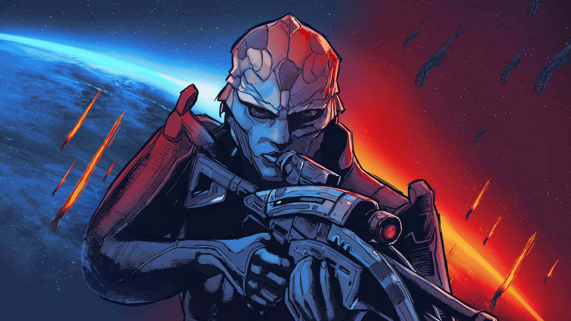 Mass Effect Legendary Edition 桌布 壁紙 — 一個藍皮膚的外星戰士穿著紅色盔甲，對著一個有流星劃過的行星上熾熱的日落瞄準一把未來步槍。