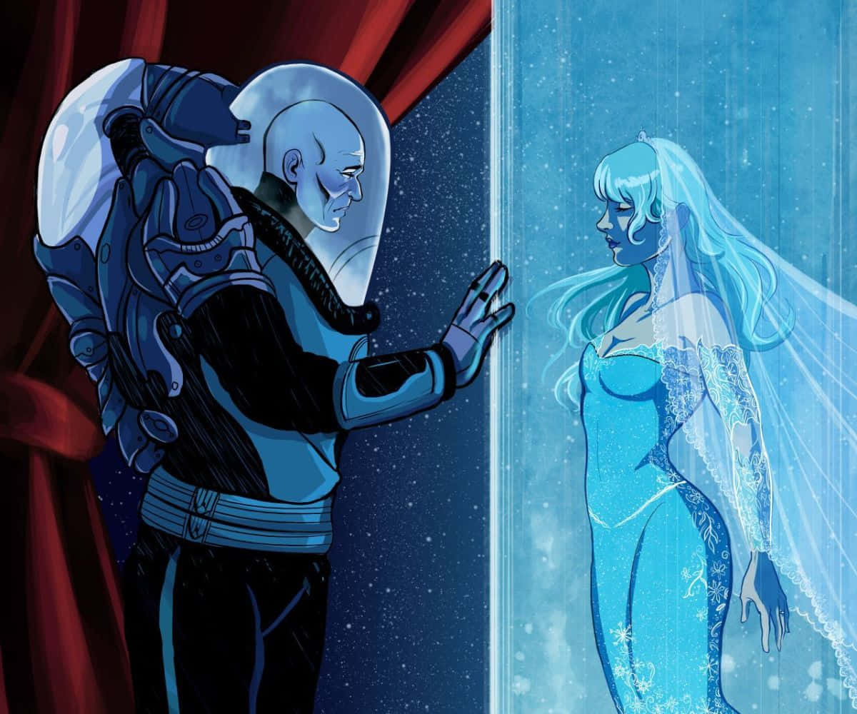 Mr Freeze 桌布 壁紙 — 一個藍皮膚的太空人穿著太空衣，伸手觸摸一道半透明屏障，屏障將他與一個穿著發光藍色婚紗的新娘分隔開。