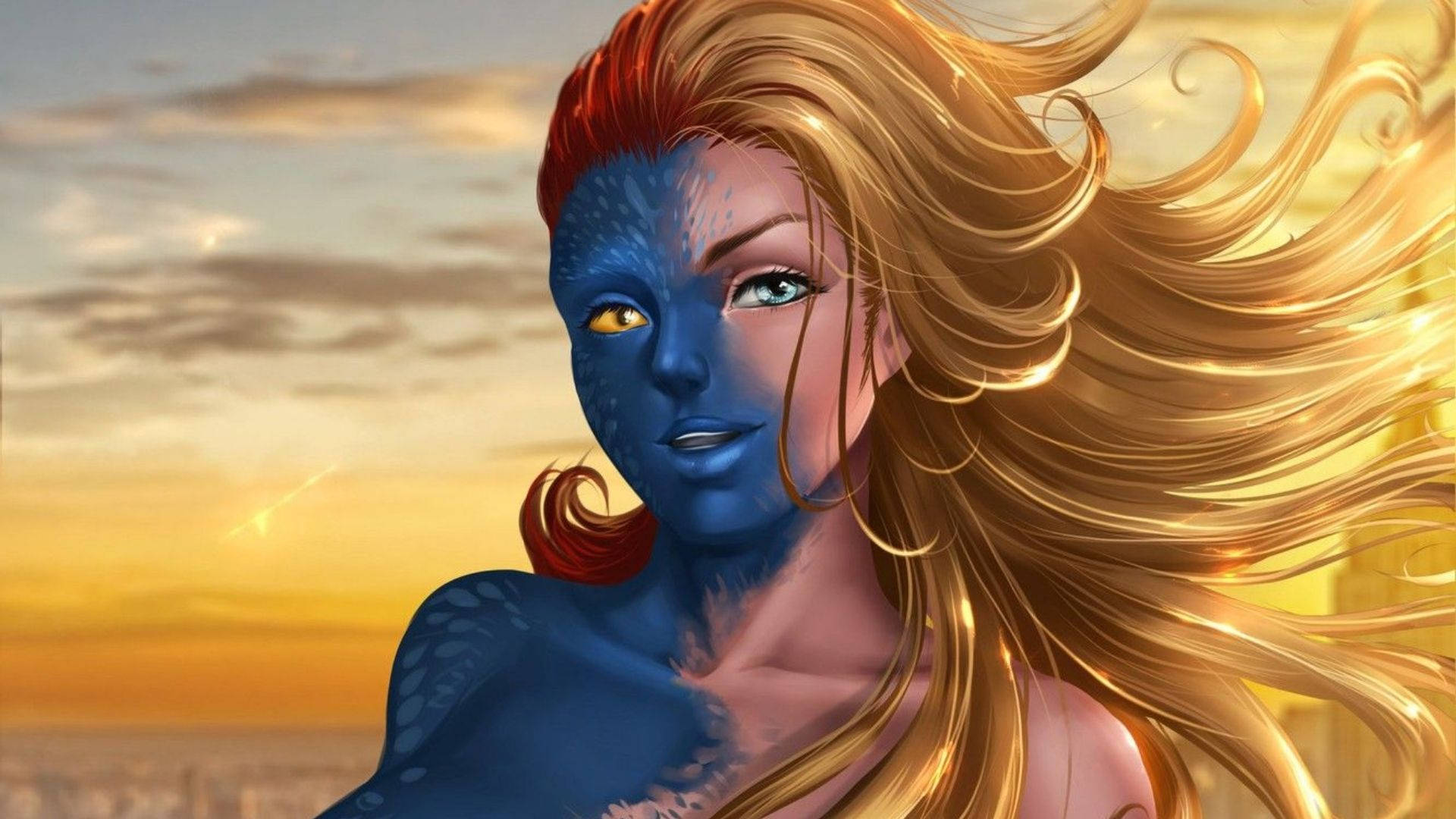 Mystique 桌布 壁紙 — 一個藍皮膚的女人，飄逸的金色頭髮，站在溫暖的日落天空下，她的臉一半是人類，一半是變種人。