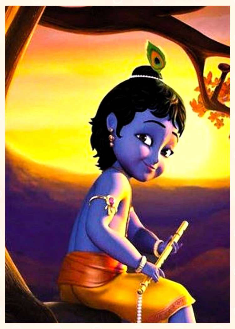 krishna iPhone 桌布 壁紙 — 一個藍皮膚的孩子戴著孔雀羽毛冠冕，坐在樹枝上，在溫暖的日落天空下吹奏長笛。