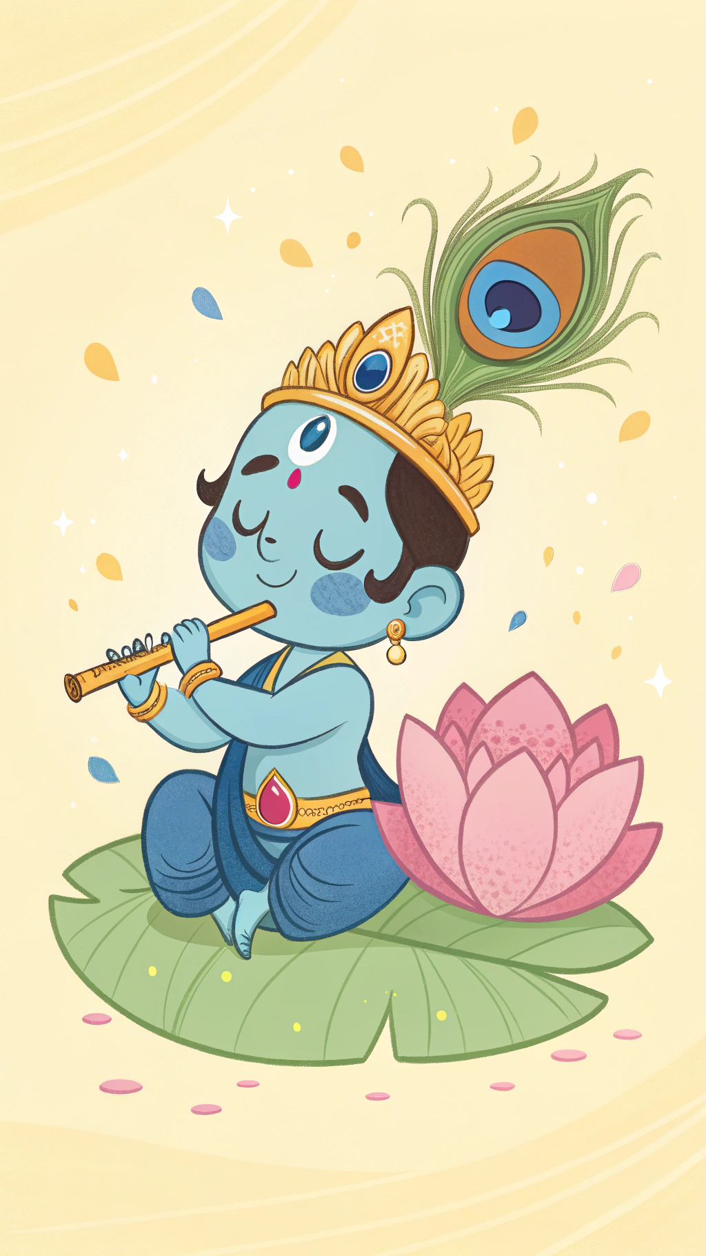Flute 桌布 壁紙 — 一個藍皮膚的孩子戴著孔雀羽毛皇冠坐在蓮葉上吹笛子，周圍環繞著飄落的花瓣和星星。