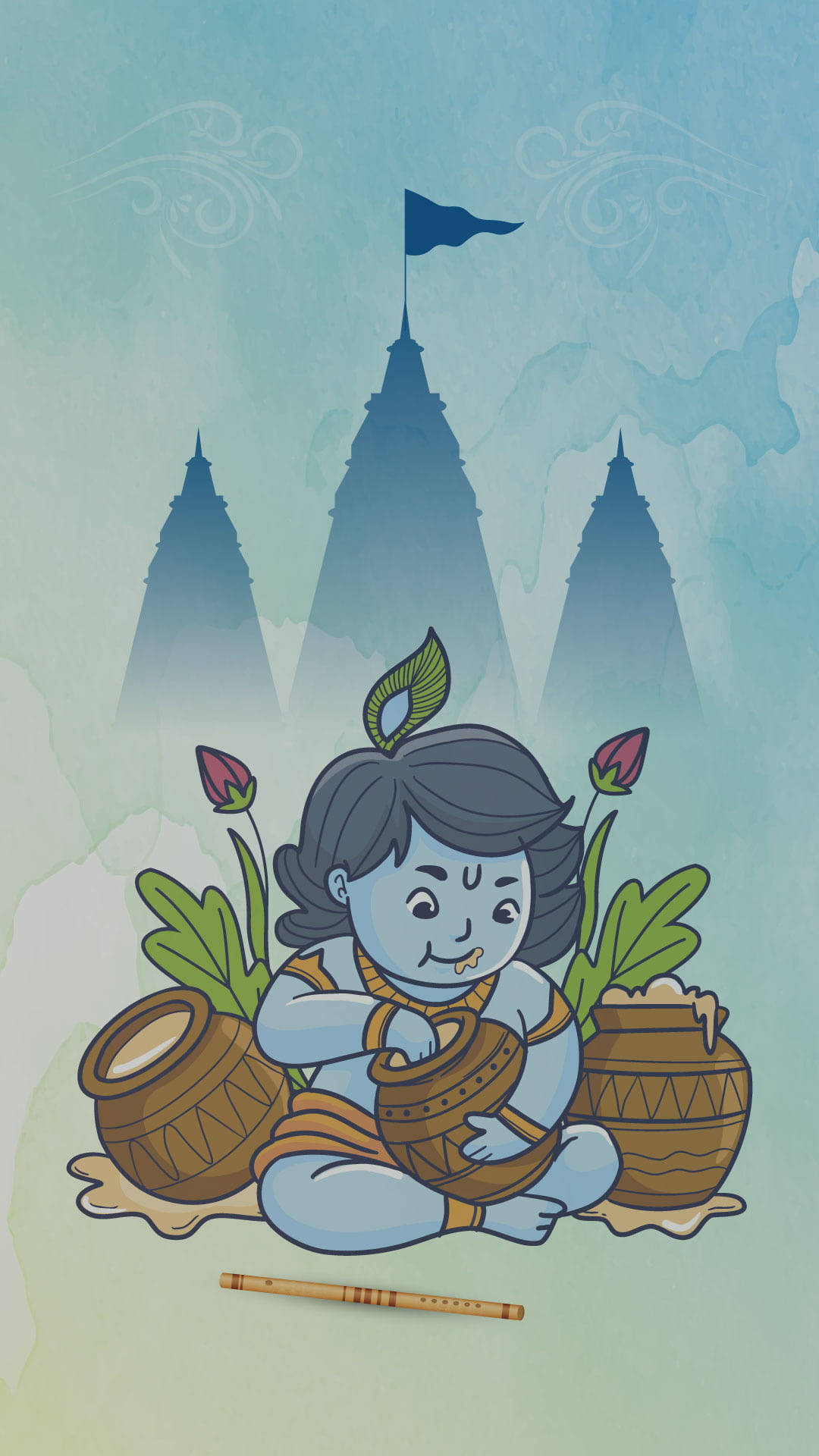 克里希那 高畫質壁紙 桌布 壁紙 — 一個藍皮膚的孩子戴著樹葉冠冕，在柔和的藍天下，寺廟尖塔前的陶罐和蓮花蕾之間快樂地坐著。