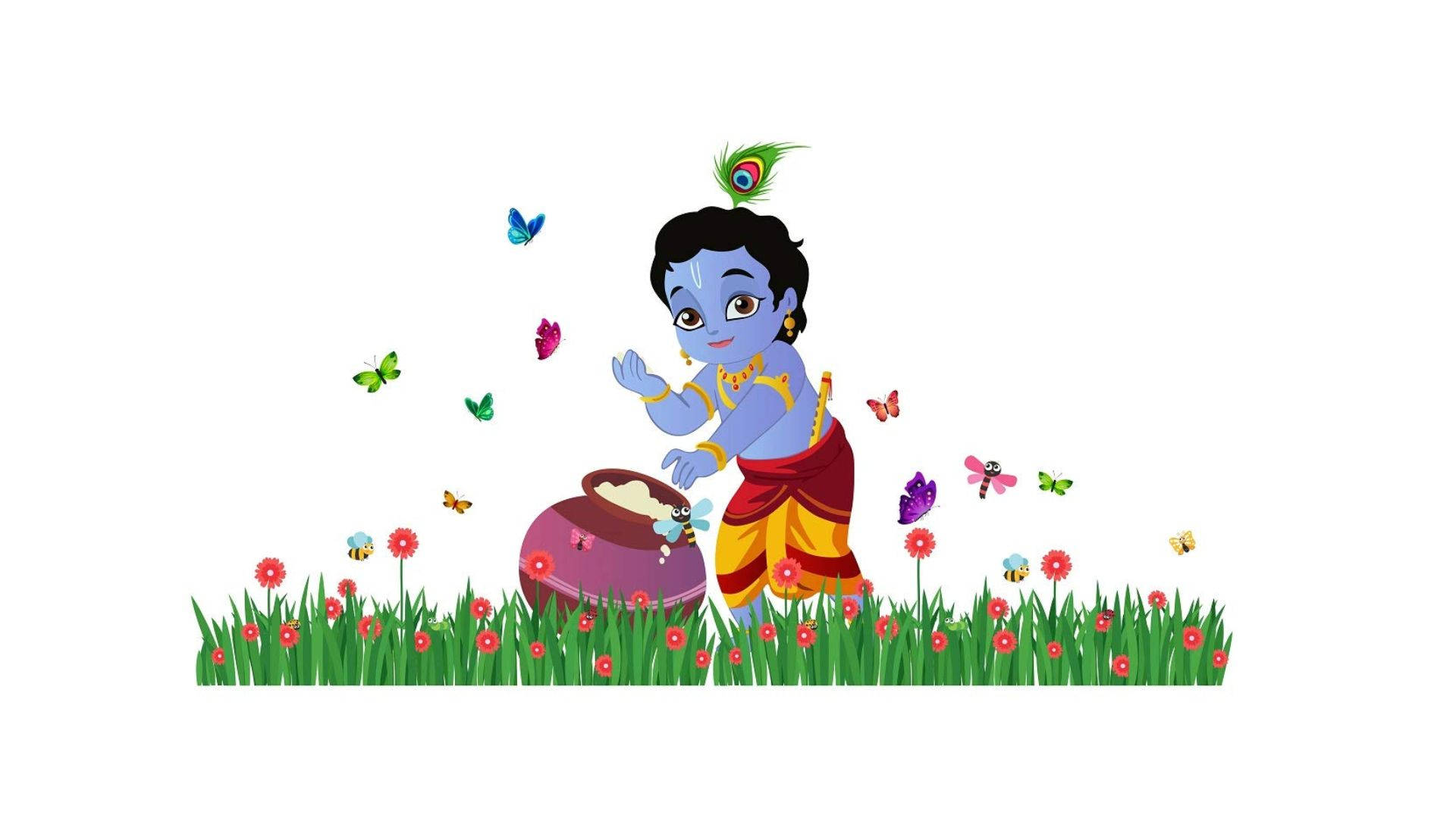 cute krishna 桌布 壁紙 — 一個藍皮膚的孩子穿著紅色和黃色的長袍，在紅花田中的一個罐子附近與蝴蝶玩耍。