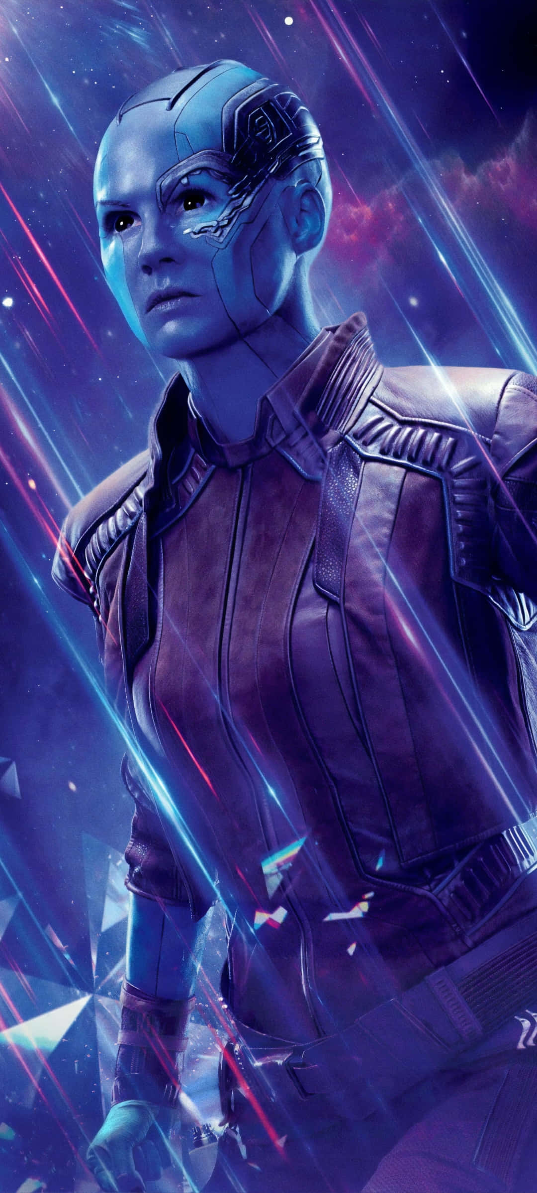 Endgame 桌布 壁紙 — 一個藍皮膚的宇宙戰士穿著皮夾克，站在充滿霓虹光線的鮮豔星空中。