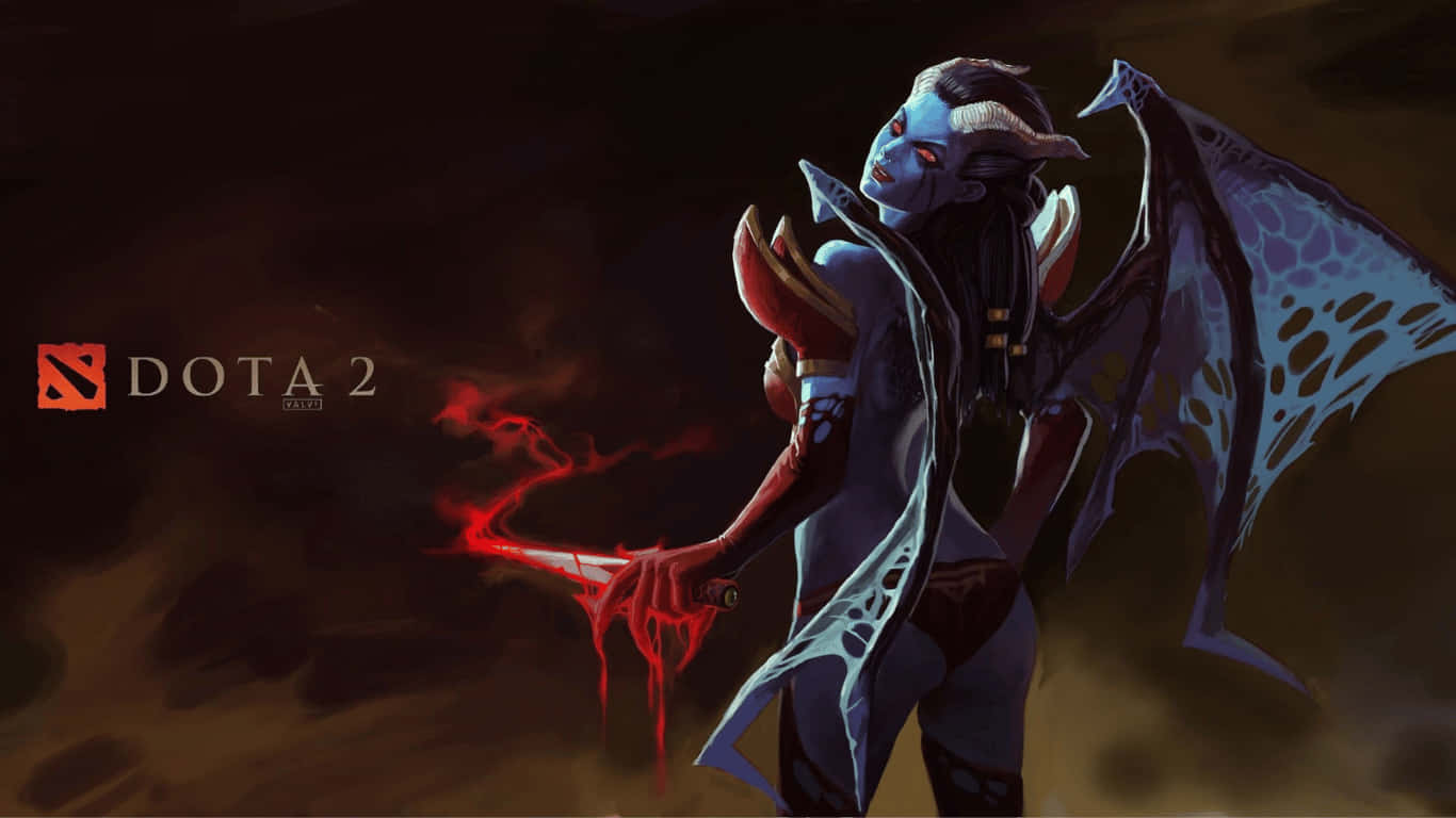 1366x768 Dota 2 桌布 壁紙 — 一個藍皮膚的惡魔女戰士，擁有蝙蝠般的翅膀，在黑暗煙霧繚繞的背景中揮舞著沾滿鮮血的刀刃。
