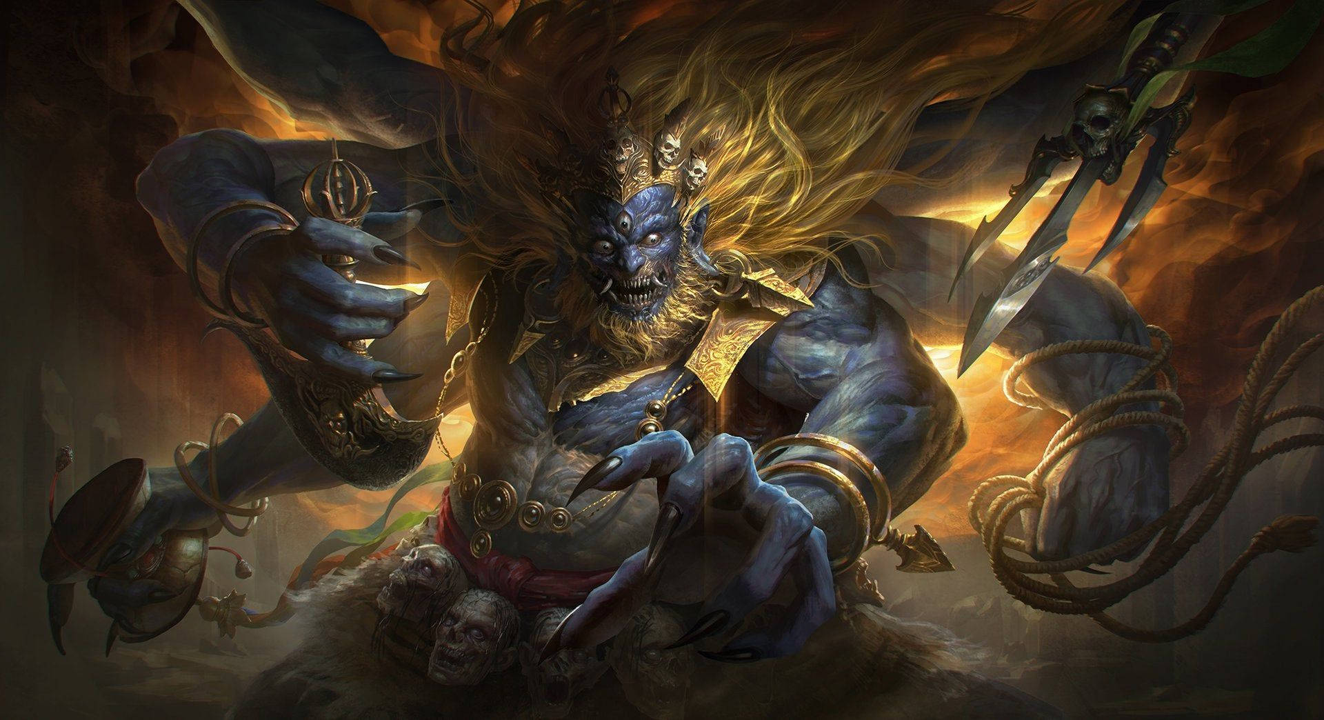 Hindu God 桌布 壁紙 — 一個藍皮膚的惡魔形象，飄逸的金色頭髮，在火焰背景中揮舞武器和頭骨。
