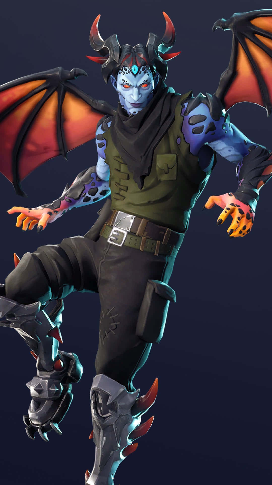 Fortnite 桌布 壁紙 — 一個藍皮膚的惡魔戰士，長著紅色角和火焰翅膀，穿著暗色盔甲，在黑色背景前擺出動態姿勢。