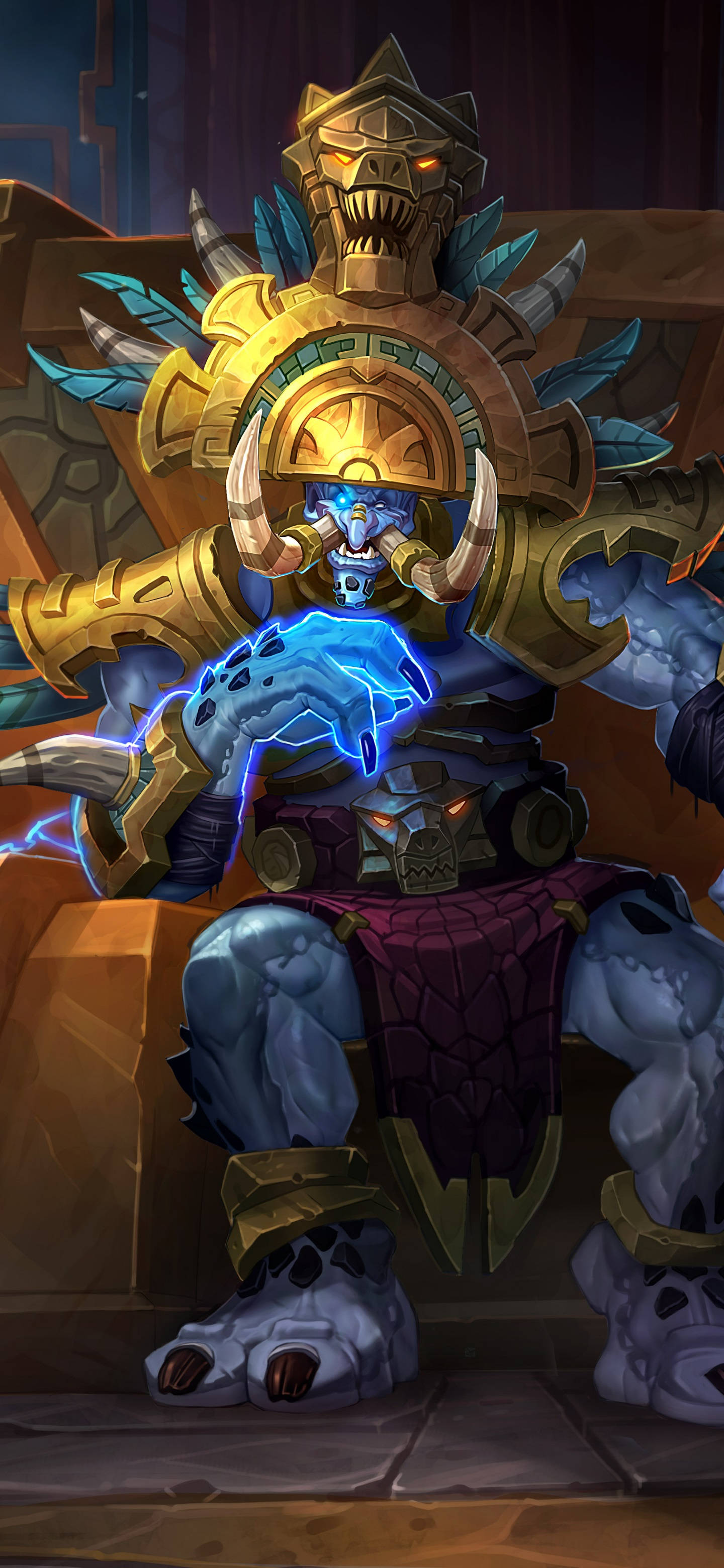 hearthstone phone 桌布 壁紙 — 一個藍皮膚的獸人 warlord 身穿華麗金色盔甲，坐在石王座上，從發光的手引導噼啪作響的藍色能量。