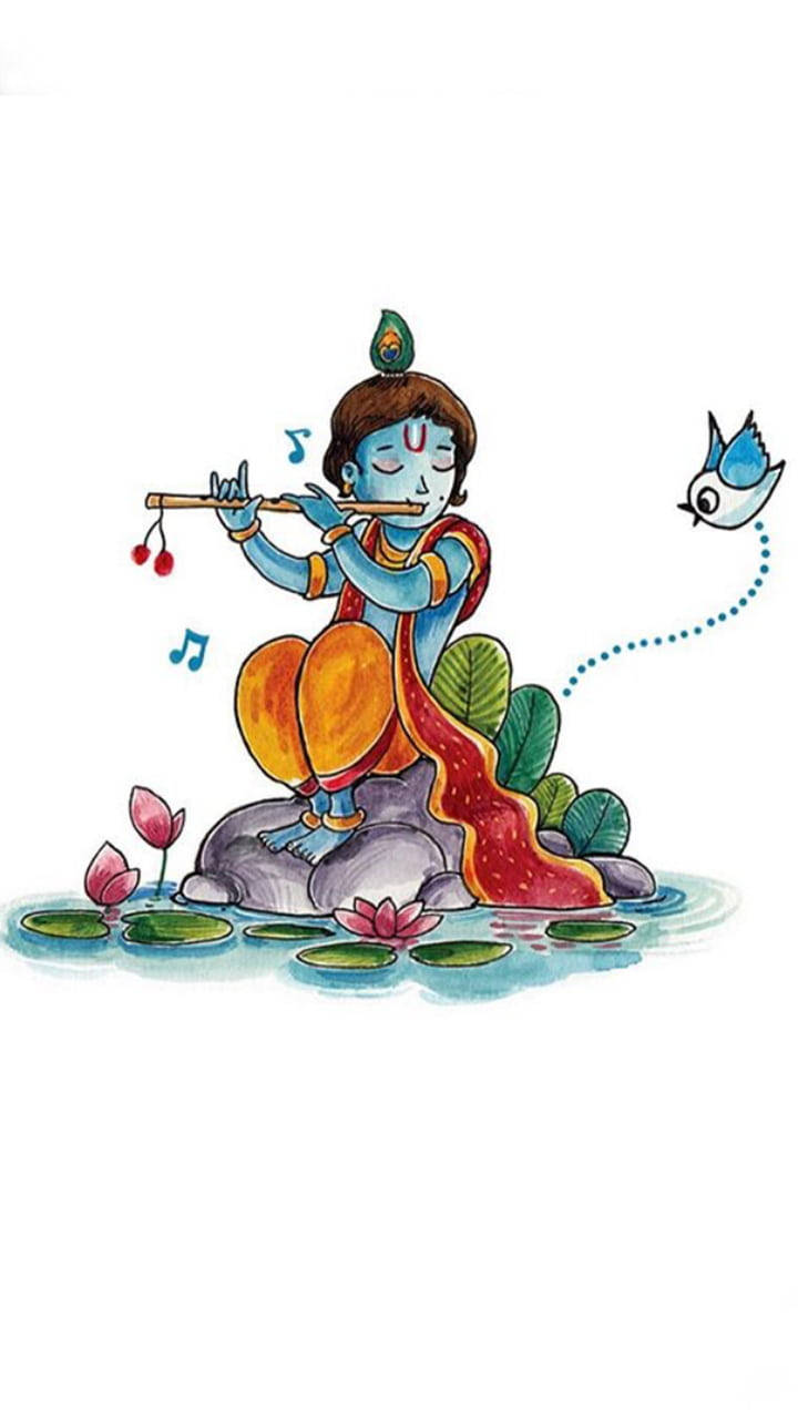 animated krishna 桌布 壁紙 — 一個藍皮膚的男孩拿著孔雀羽毛，在蓮花環繞的岩石上吹笛子，一隻鳥跟隨著他的音樂軌跡。