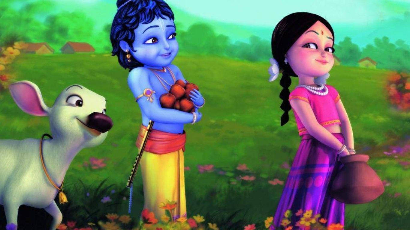 krishna ji 桌布 壁紙 — 一個藍皮膚的男孩拿著紅色水果，旁邊是一個穿著粉紅色和紫色衣服的女孩，還有一隻微笑的山羊，在充滿活力的綠色草地上。