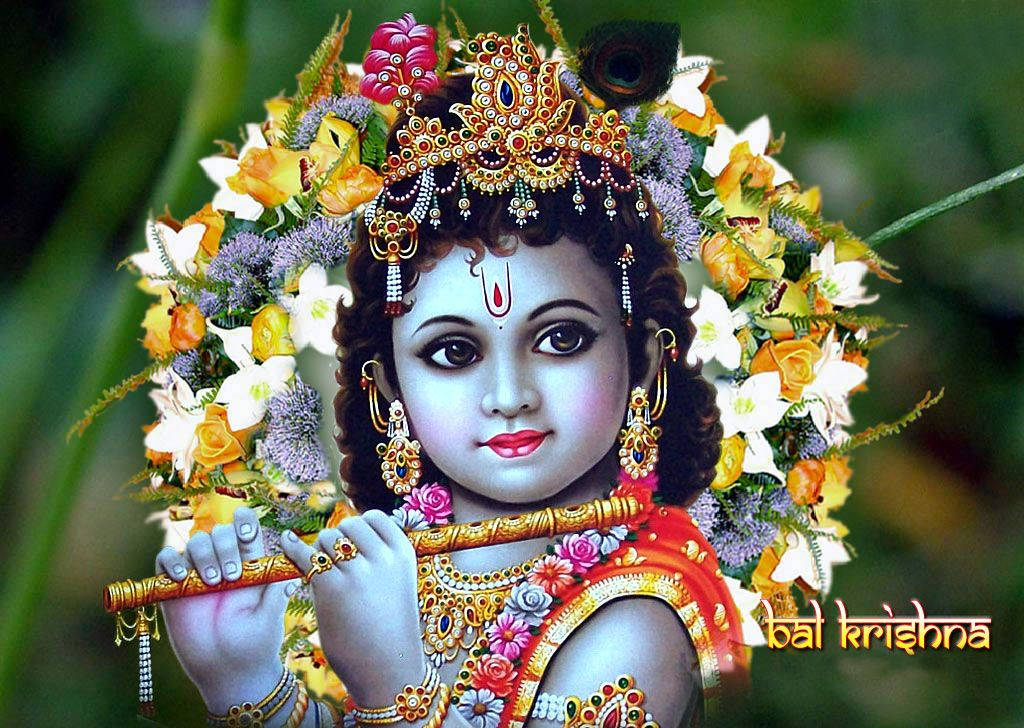 krishna god 桌布 壁紙 — 一個藍皮膚的神聖孩子，佩戴金色珠寶和花冠，在茂密的綠色背景下吹奏長笛。