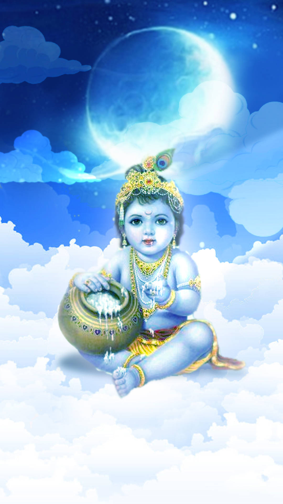 krishna iPhone 桌布 壁紙 — 一個藍皮膚的神聖孩子坐在蓬鬆的雲朵上，在發光的月亮下從金色壺中倒出牛奶。