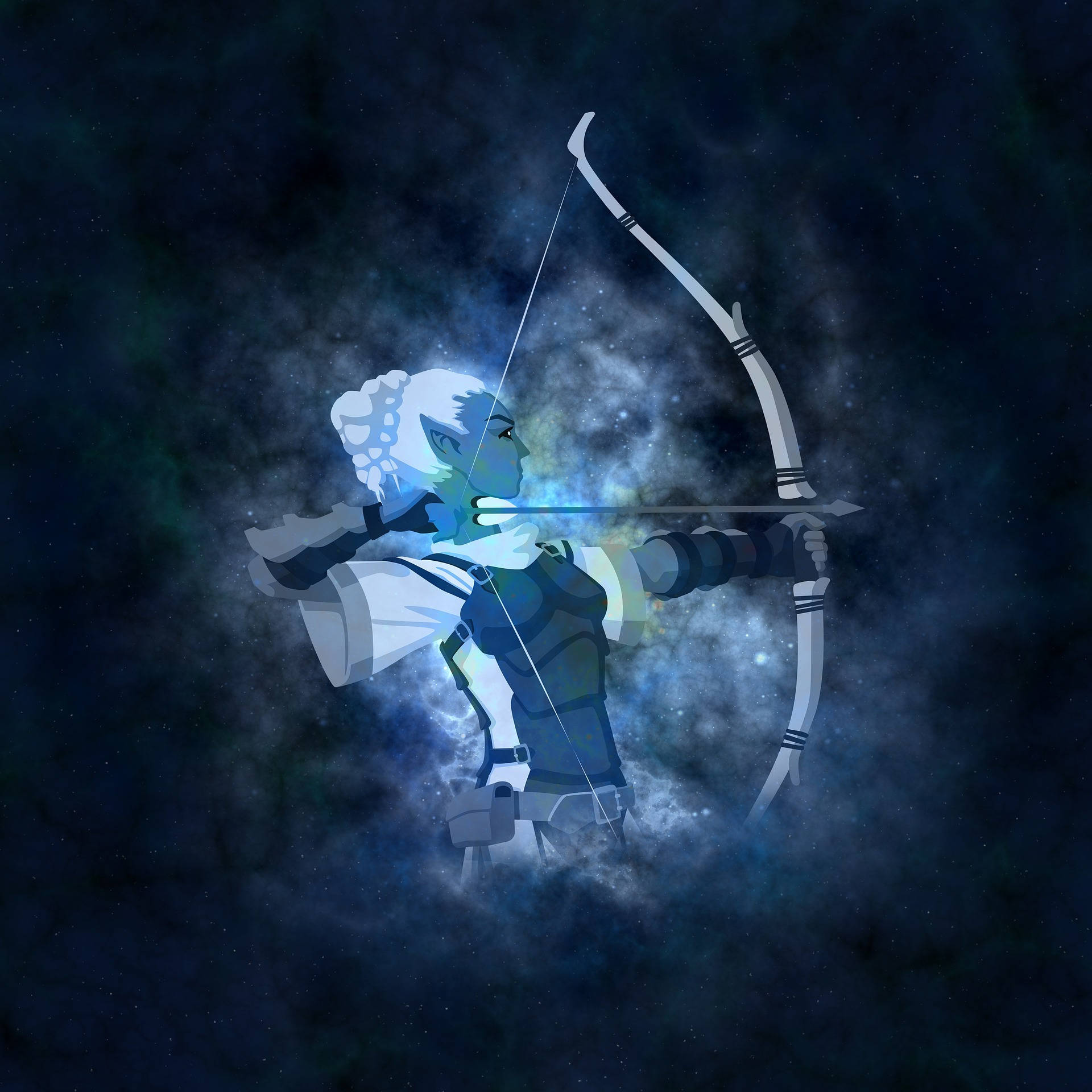 sagittarius 桌布 壁紙 — 一個藍皮膚的精靈弓箭手在宇宙星雲背景下拉開發光的弓。