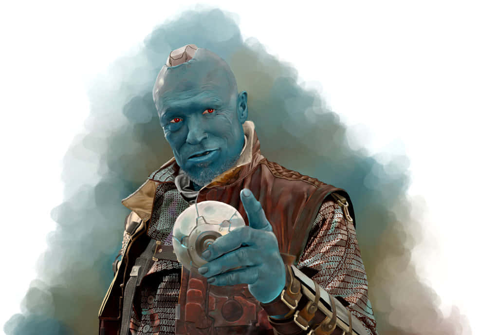 Yondu 桌布 壁紙 — 一個藍皮膚紅眼的外星人手持一個破裂的球體，背景煙霧繚繞。