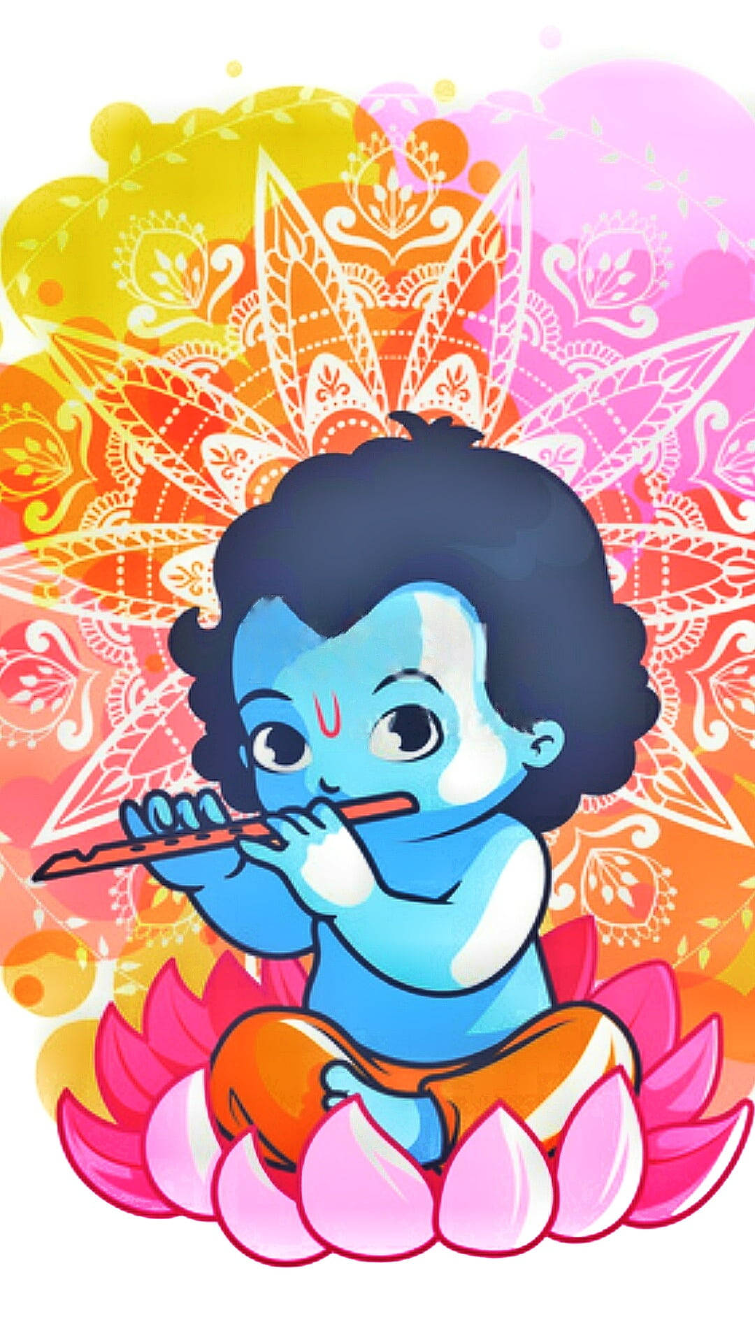little krishna HD 桌布 壁紙 — 一個藍皮膚黑頭髮的孩子盤腿坐在粉紅色蓮花上，在光芒四射的曼陀羅背景下吹奏長笛。