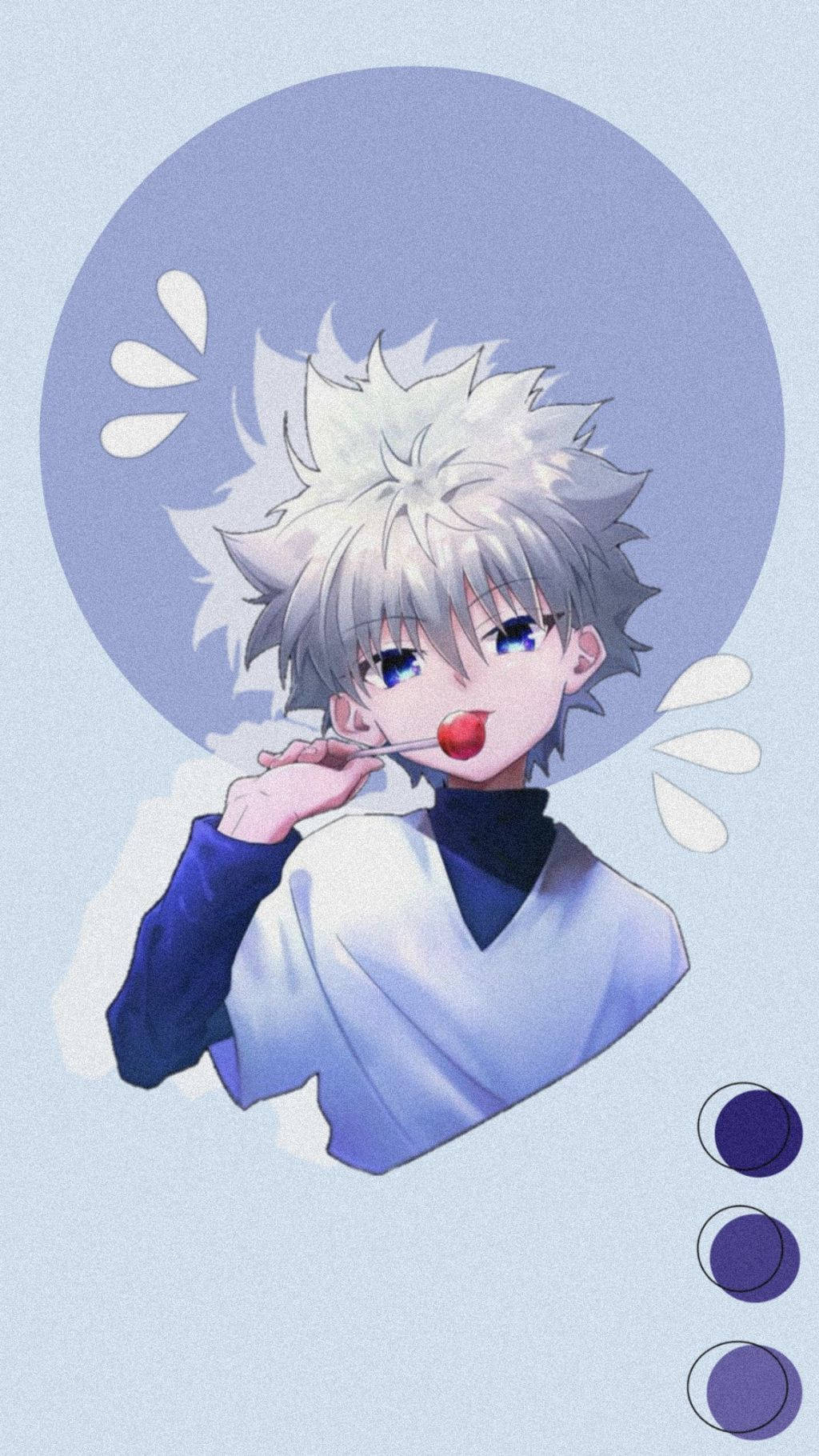 獵人 x 獵人 桌布 壁紙 — 一個藍眼睛、刺蝟頭的動漫男孩在柔和的薰衣草圓形背景前舔著紅色棒棒糖。
