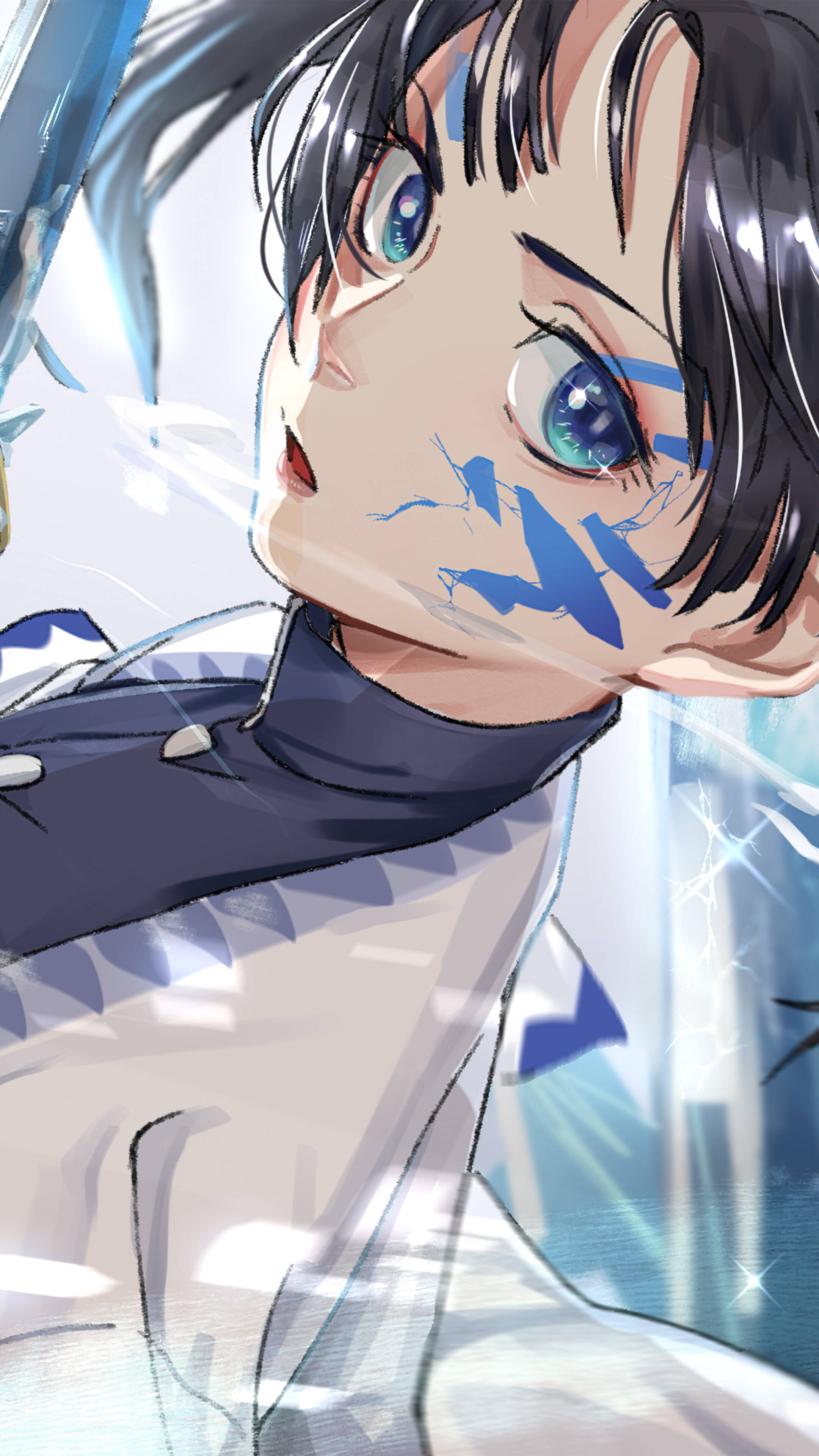 aoi kanzaki 桌布 壁紙 — 一個藍眼睛、帶有閃電主題臉部彩繪的動漫女孩特寫，以堅定的表情向上凝視。