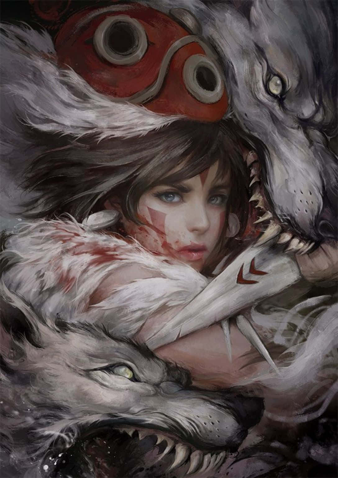 魔法公主 桌布 壁紙 — 一個藍眼睛、帶紅色標記的年輕女孩戴著紅色面具和白色毛皮，被狼群包圍在一個戲劇性的奇幻場景中。