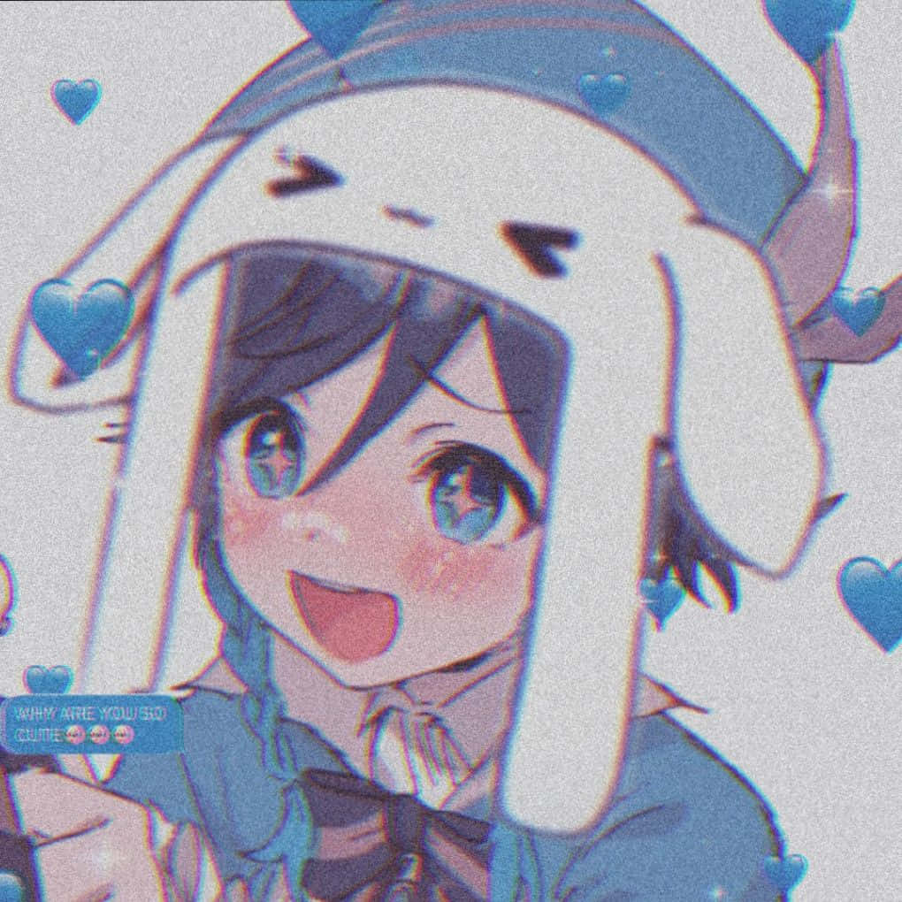 Cute Pfp 桌布 壁紙 — 一個藍眼睛、戴白色兔帽的開心動漫女孩，被漂浮的藍色心形包圍，露出燦爛的笑容。
