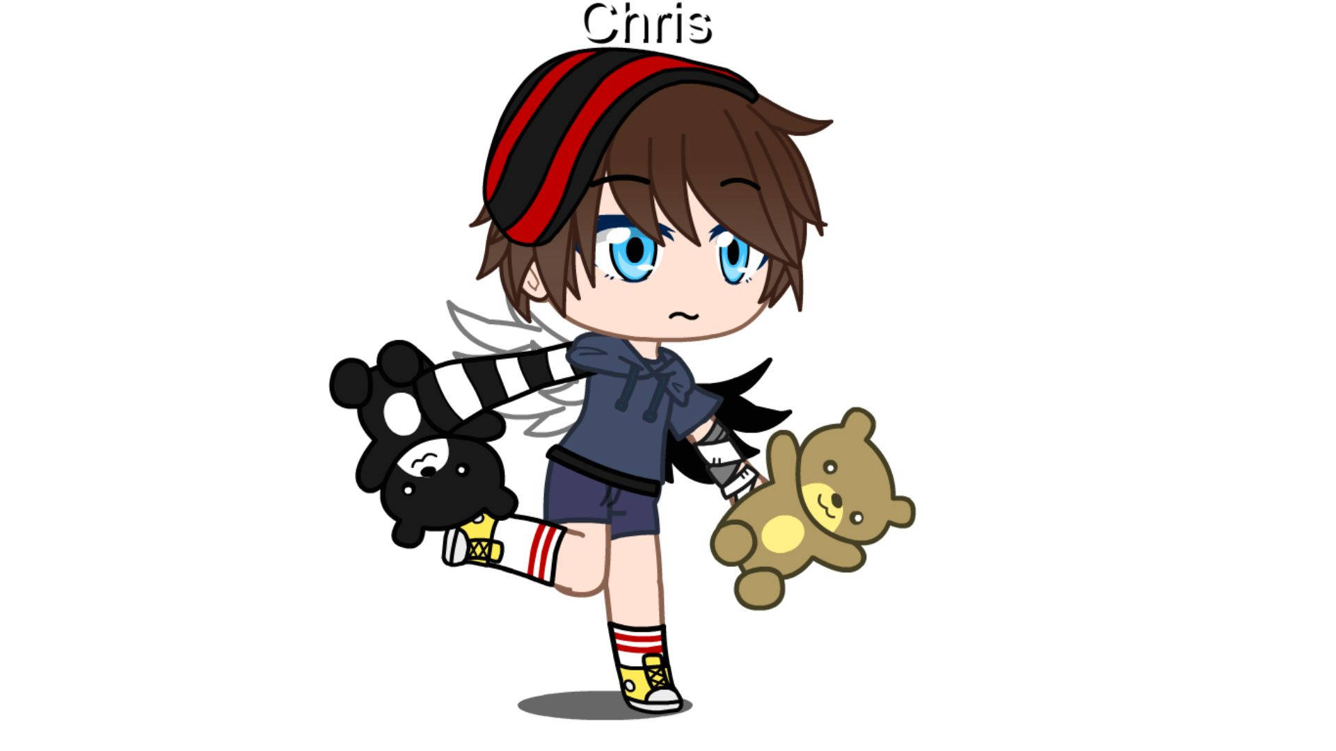 Chris Afton 桌布 壁紙 — 一個藍眼睛、棕色頭髮的Q版動畫男孩，在純白色背景上抱著兩個毛絨玩具。
